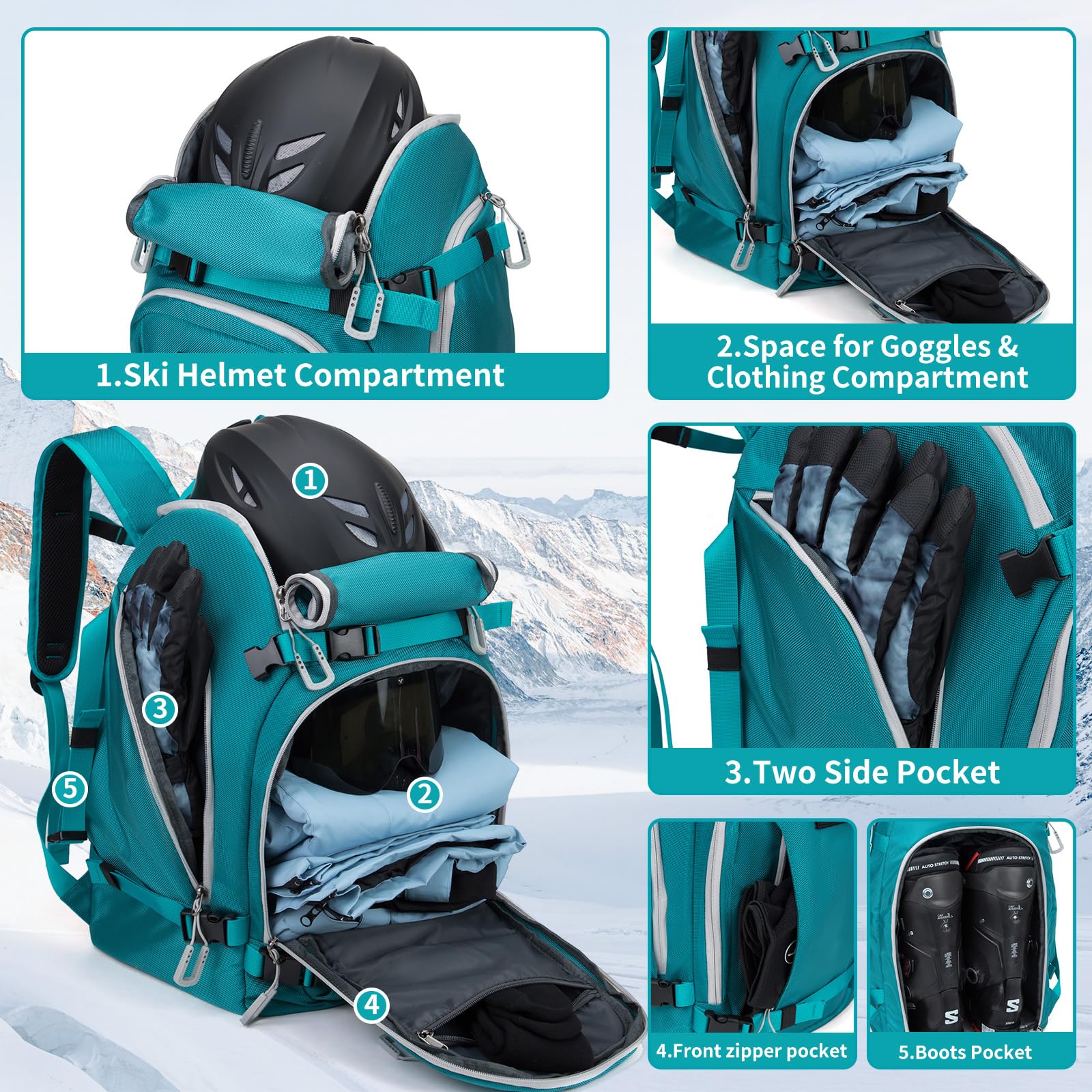 NONSAR 50L Waterproof Ski Boot Backpack - Snowboard Travel Bag for Helmet, Goggles, Gloves & Accessories - Durable Winter Sports Gear for Men & Women - Perfect for Ski Trips, Snowboarding Vacations & Mountain Adventures