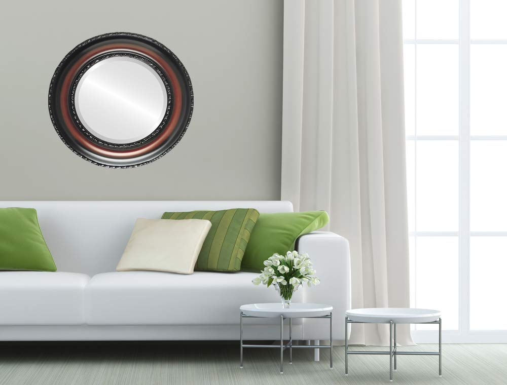 OVALCREST 23x23 Round Beveled Wall Mirror - Somerset Style Rosewood Frame - Elegant Home Decor for Living Room, Bedroom & Entryway