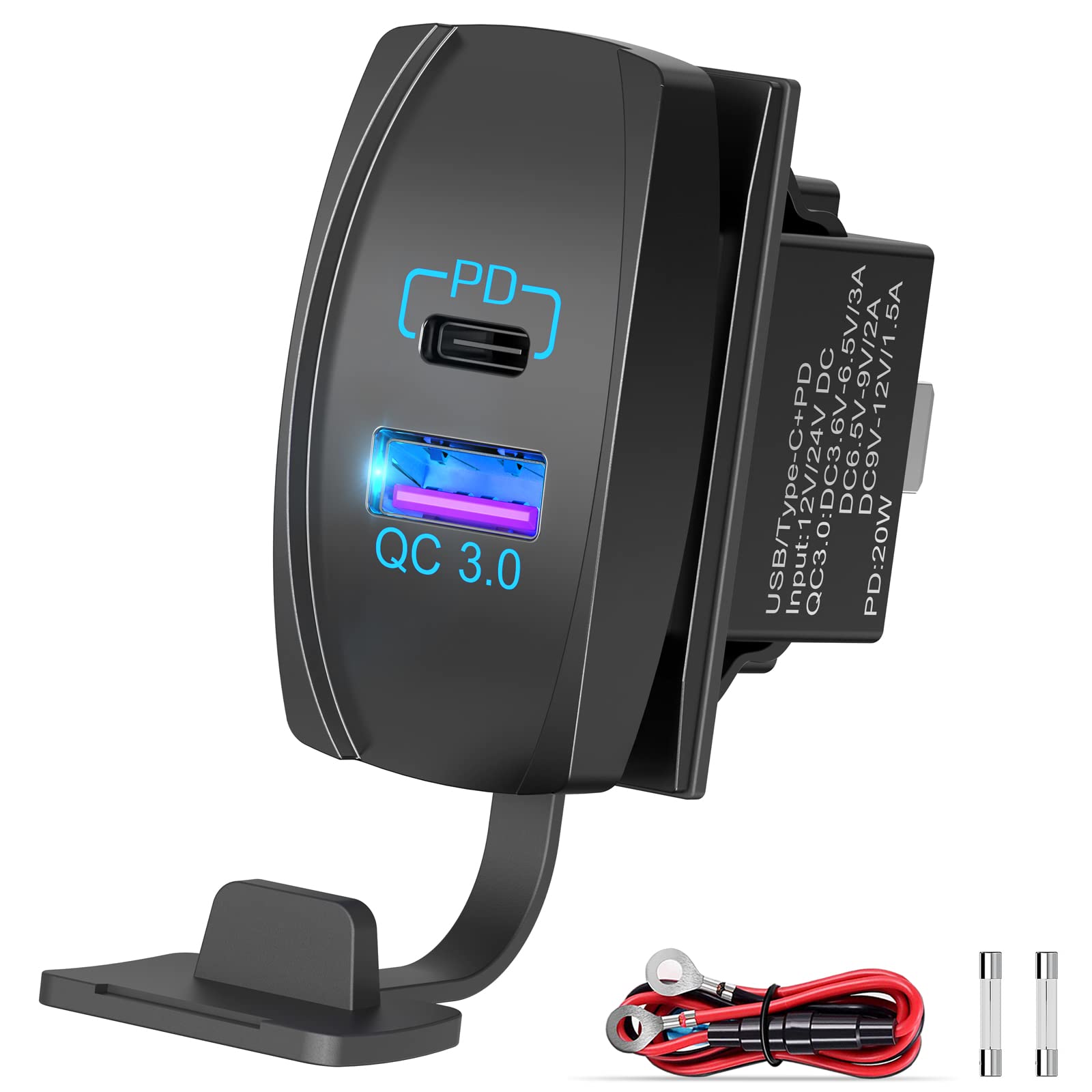 18W Quick Charge 3.0 & PD 20W USB Rocker Switch Charger with LED - Fast Charging for RV, Boat, Marine, Truck, UTV - Perfect for Road Trips & Outdoor Adventures