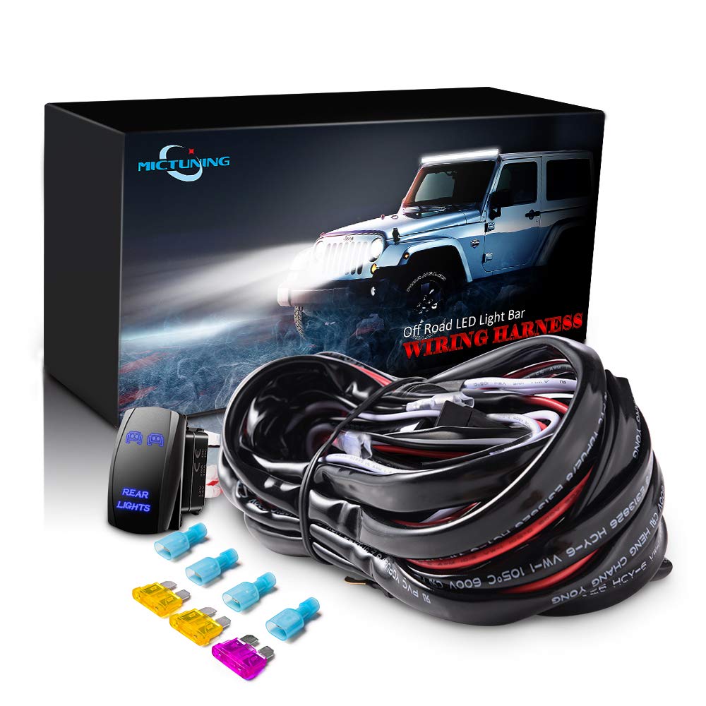 MICTUNING 40Amp LED Light Bar Wiring Harness Kit with Blue ON-OFF Rocker Switch for Off-Road Trucks, ATVs & Boats - Waterproof Relay Fuse for Rear Lights Installation