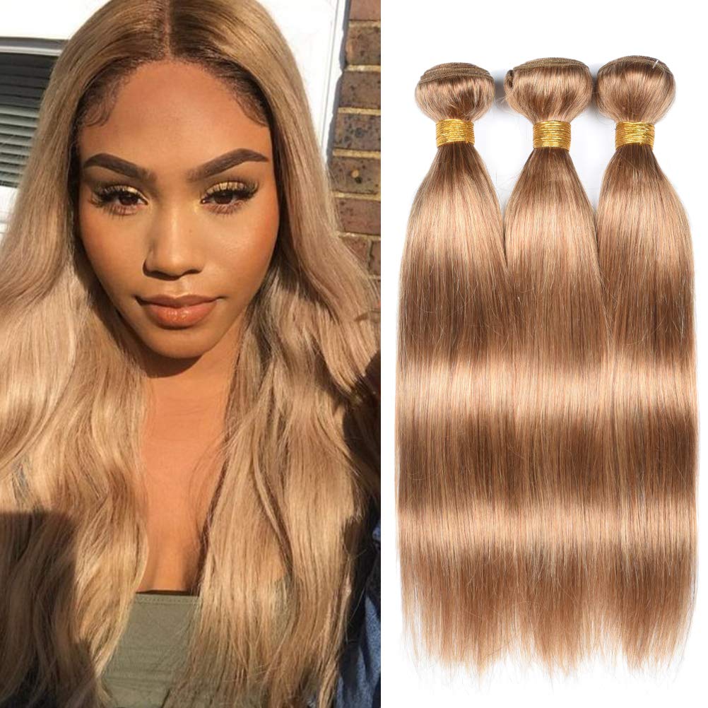 WOME 100% Unprocessed Virgin Peruvian Straight Hair Extensions - 3 Bundles Soft & Shiny Human Hair Wefts (12/14/16 Inch, Honey Blonde 27#) for Daily Styling & Special Occasions