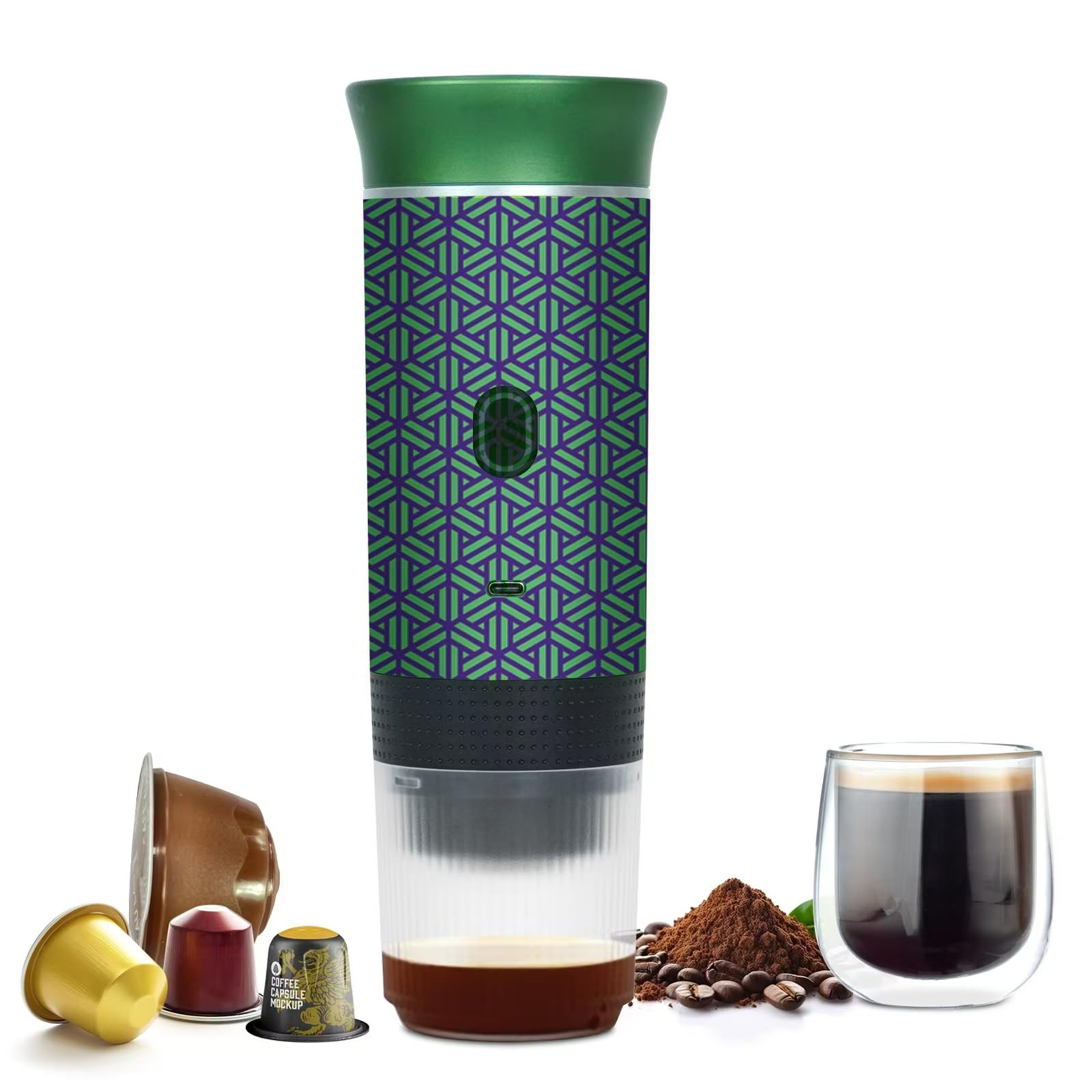 Portable Electric Espresso Machine - Battery Powered Rechargeable Coffee Maker for Camping, Travel, RV & Hiking - Works with Ground Coffee & Capsules - Self Heating Fast Brewing - Green & Black Design - Perfect for Outdoor Adventures, Road Trips and Office Use