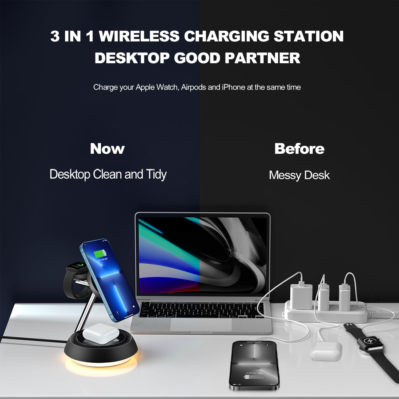 3-in-1 MagSafe Wireless Charging Station for iPhone 15/14/13/12 Pro Max - 15W Fast Charger with Stand & Night Light - Compatible with Apple Watch & AirPods - Perfect for Bedside, Office & Travel Charging