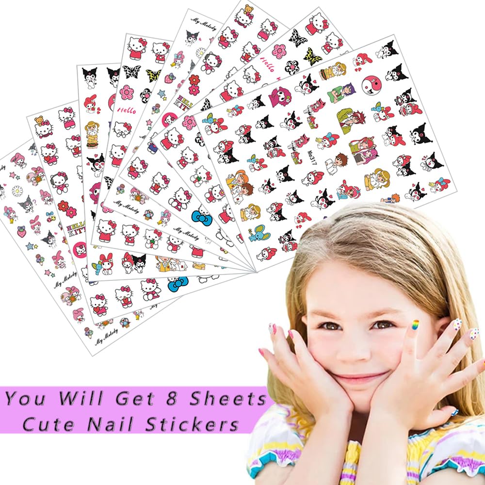 8 Sheets 3D Cute Nail Art Stickers - Self Adhesive Kawaii Cartoon Butterfly & Flower Designs - DIY Nail Decals for Women & Girls - Perfect for Acrylic Nails, Manicures & Party Nail Art Decorations