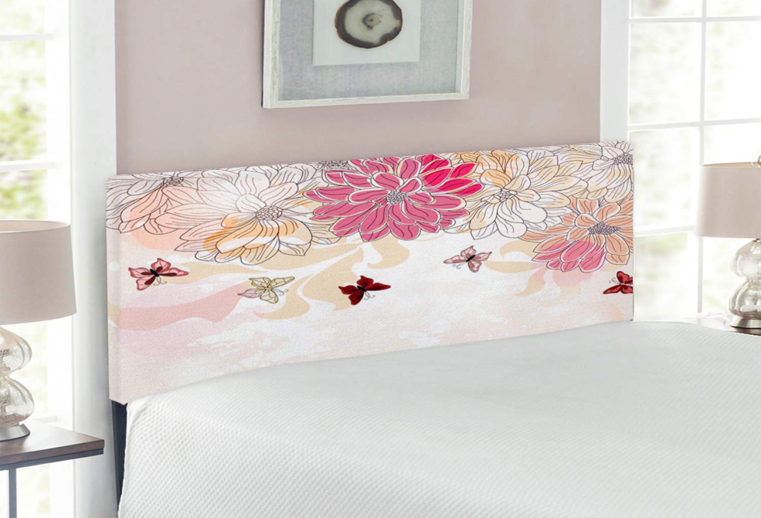 Ambesonne Grunge Headboard - Vintage Floral Butterfly Print Upholstered Metal Bed Frame with Memory Foam | Full Size Cream Pink Headboard for Bedroom Decor | Perfect for Spring-Themed Master Bedrooms & Guest Rooms