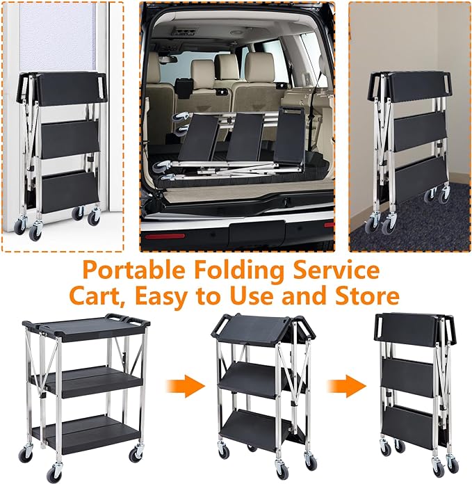 GARVEE 3-Tier Foldable Utility Cart with Locking Wheels - Heavy Duty 330Lbs Capacity Rolling Service Cart for Home, Office, Warehouse - Perfect for Storage, Organization & Mobile Workstations