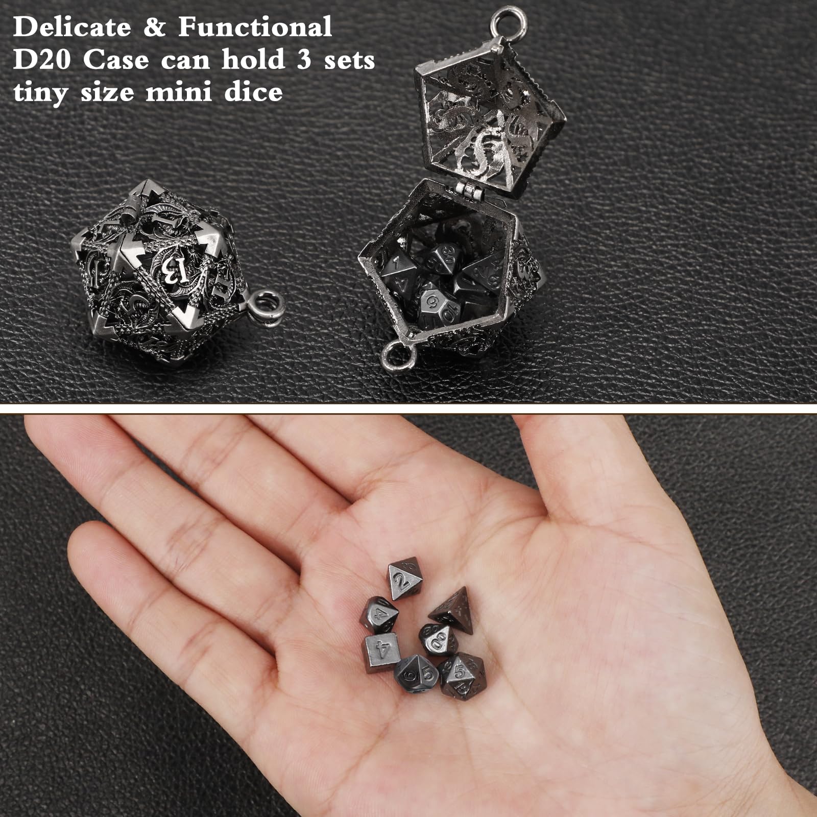 Syhood Mini Dice Set - 7 Pcs Tiny Metal Dice with Hollow D20, Necklace Case & Keychain for RPG Table Games | Portable Teacher & Mother Gift in Antique Silver | Perfect for D&D, Gifts & Travel Gaming Accessories