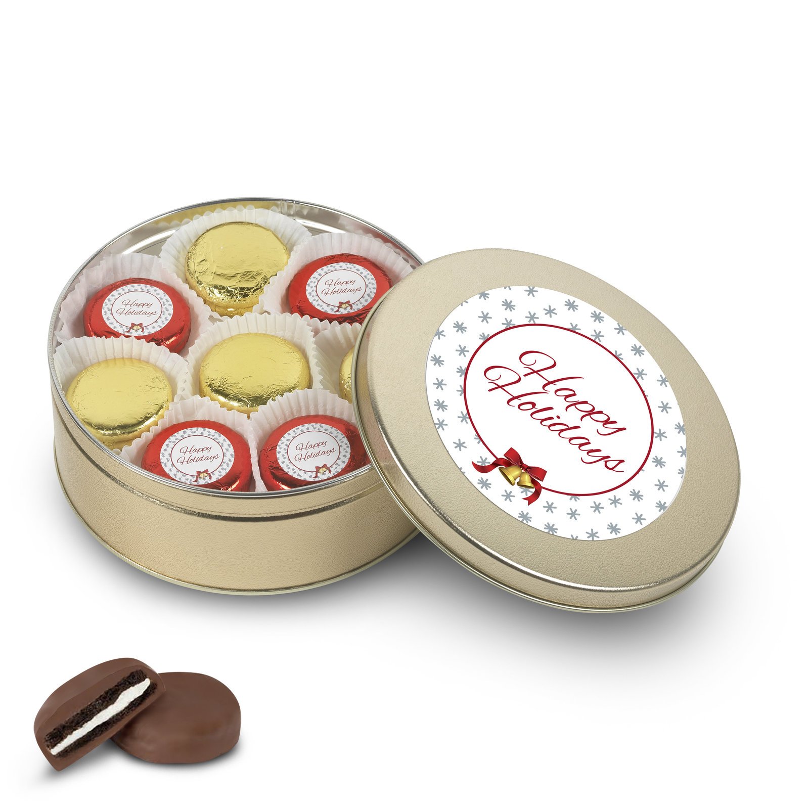 Premium Belgian Chocolate Covered Oreo Cookies in Gold Holiday Tins - Perfect for Christmas Gifts, Party Favors & Corporate Events