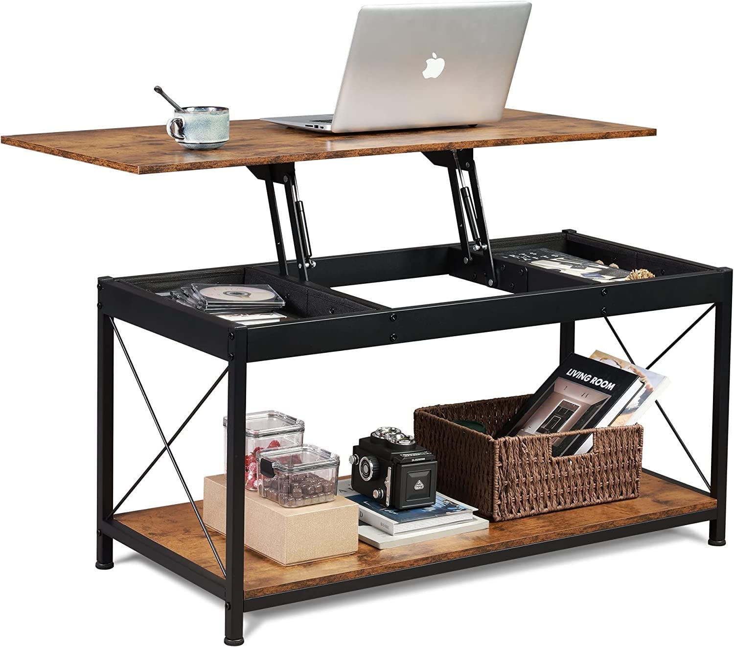 Rustic Brown Lift Top Coffee Table with Storage Shelf & 2 Hidden Drawers - Modern Living Room Furniture for Small Spaces, Home Office & TV Stand Alternative