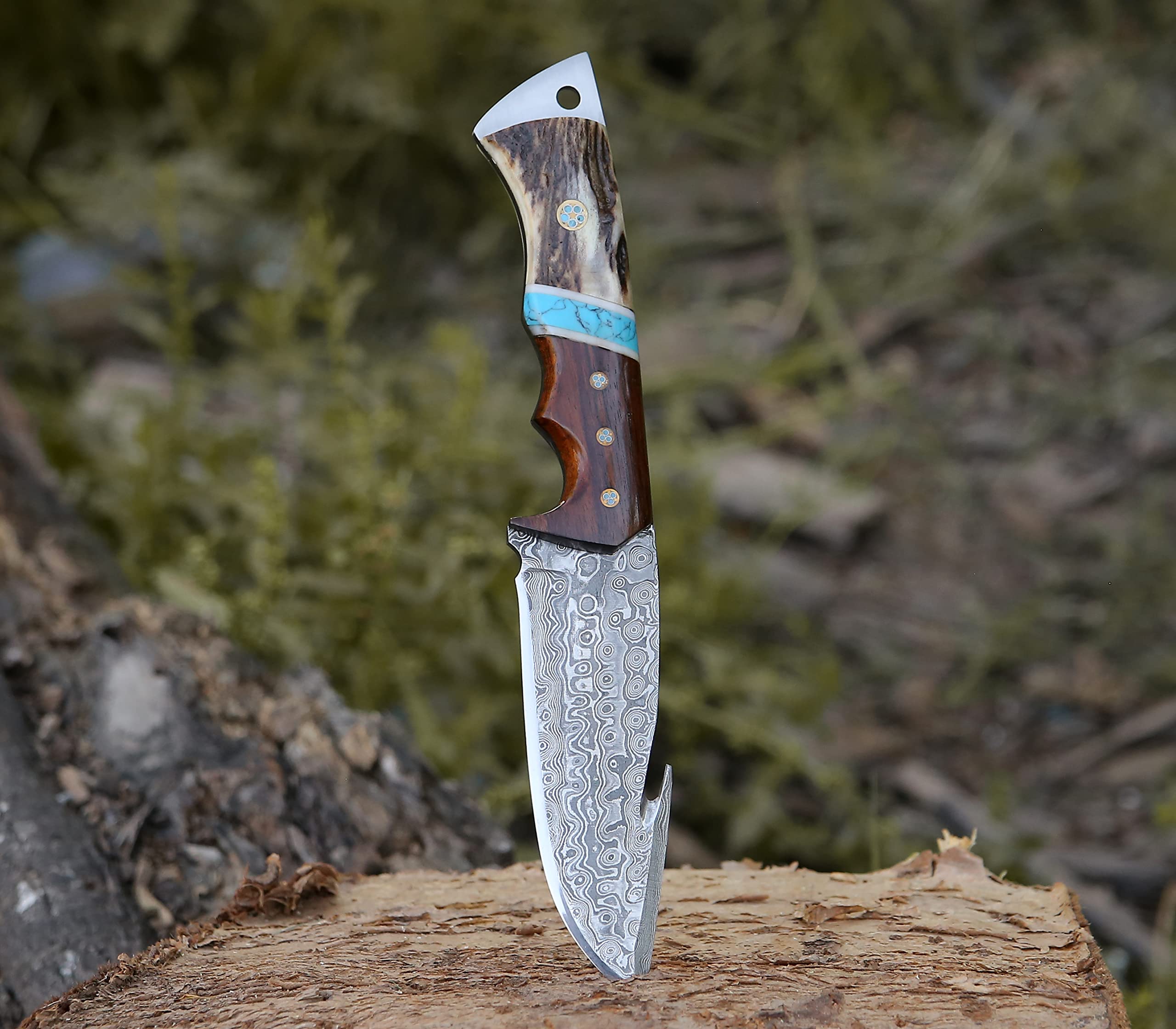 ExoSharp Damascus Gut Hook Hunting Knife - 9.5