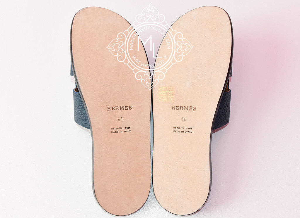 Hermes Men's Navy Blue Izmir Sandal Size 44 - Premium Leather Summer Slides for Beach, Pool & Casual Wear