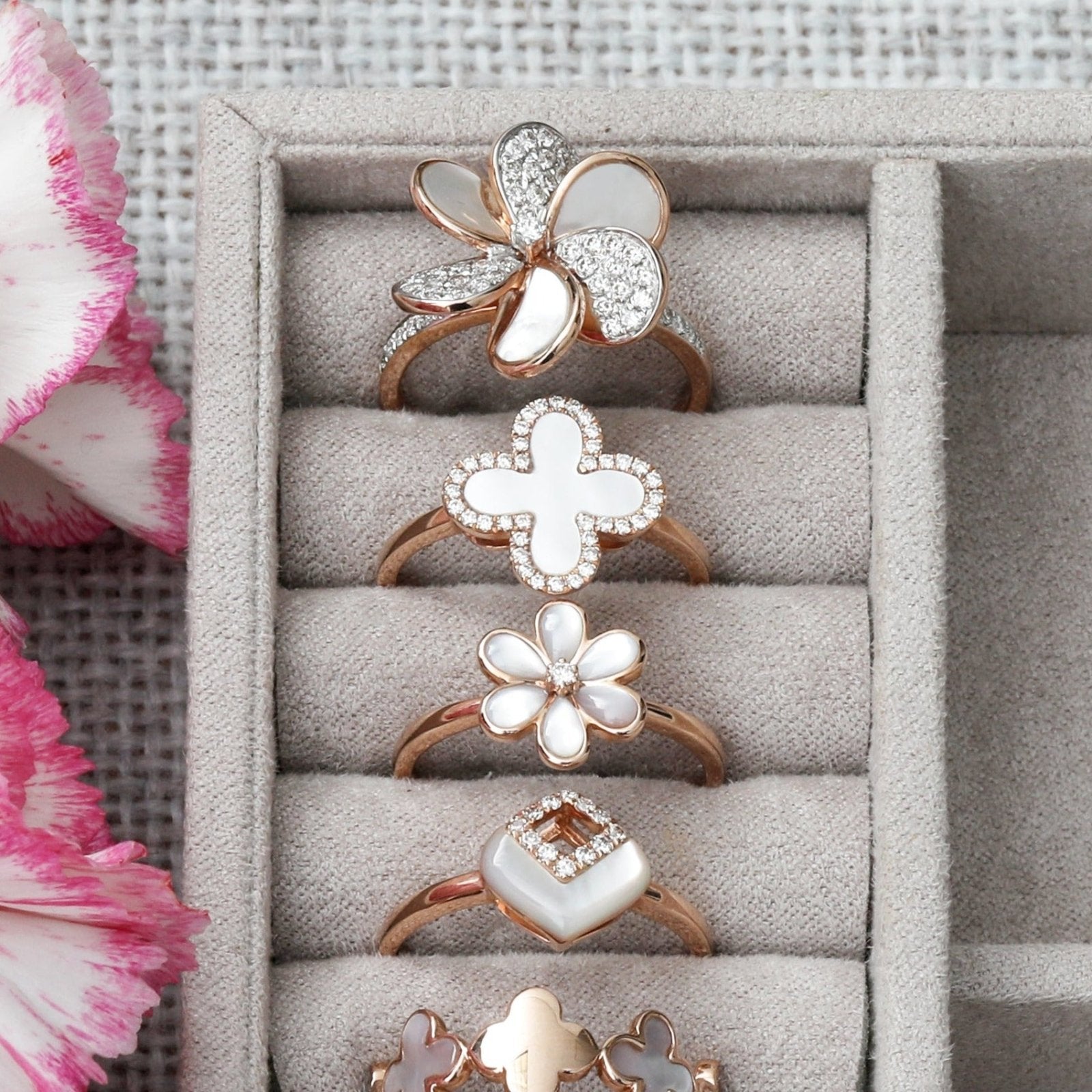 14K Rose Gold Mother of Pearl & Diamond Pave Flower Cocktail Ring - Elegant Jewelry for Parties, Weddings & Special Occasions