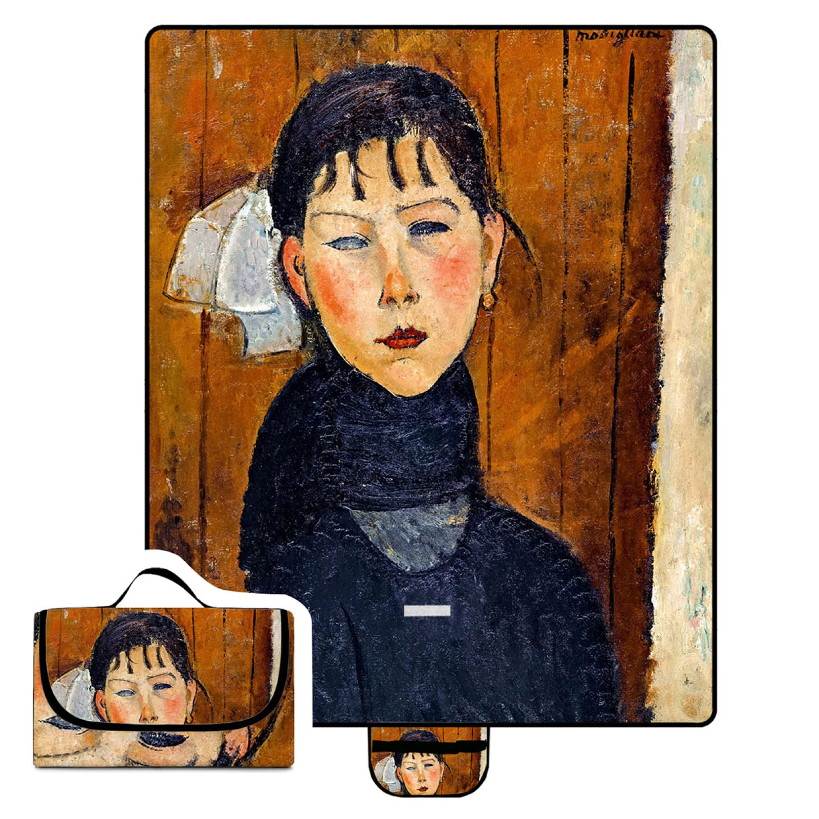 Waterproof Picnic Blanket 79x79 Inch - Large Outdoor Beach Mat with Carry Handle for Picnic, Camping, Park & Beach - Famous Modigliani Woman with Scarf Painting Design - Perfect for Outdoor Gatherings, Concerts and Family Adventures