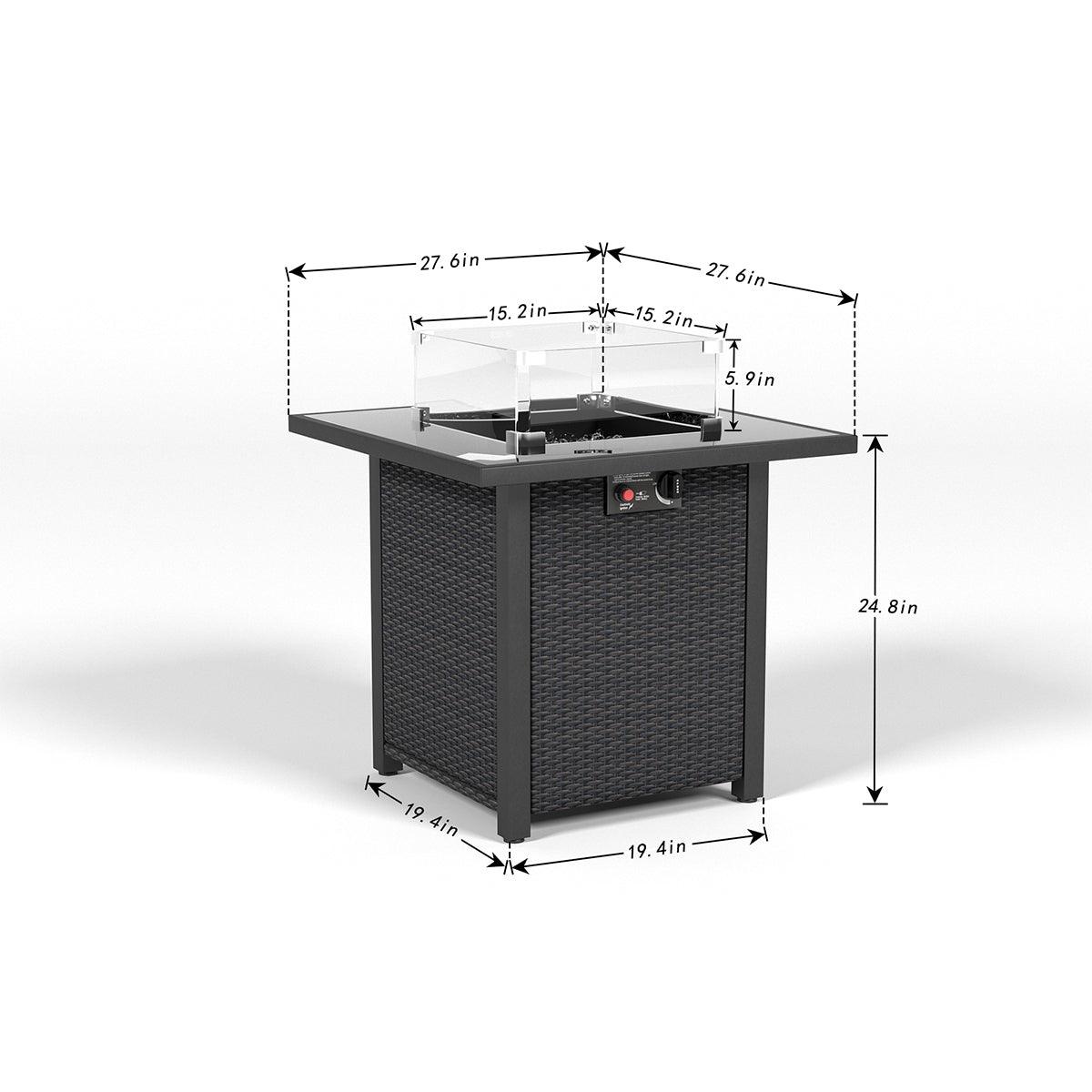 28 Inch Propane Fire Pit Table - 50,000 BTU Outdoor Gas Fire Pit with Rattan/Wicker Design & Tempered Glass Top - Includes Glass Windscreen for Patio, Backyard, Garden (Coffee Brown) - Perfect for Outdoor Entertaining, Camping & Cozy Evenings