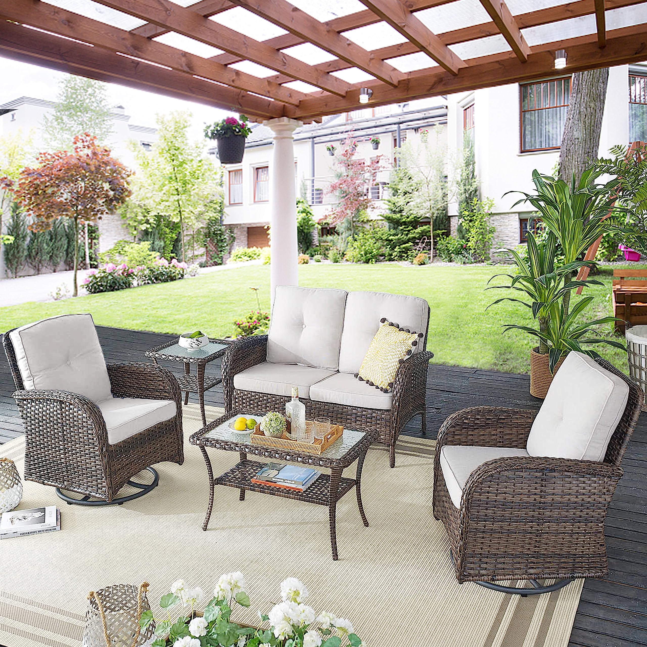 PE Wicker Swivel Glider Chair with Cushions - Patio Furniture for Outdoor Porch, Deck & Balcony - Brown/Beige - Perfect for Relaxing, Reading & Enjoying Sunset Views