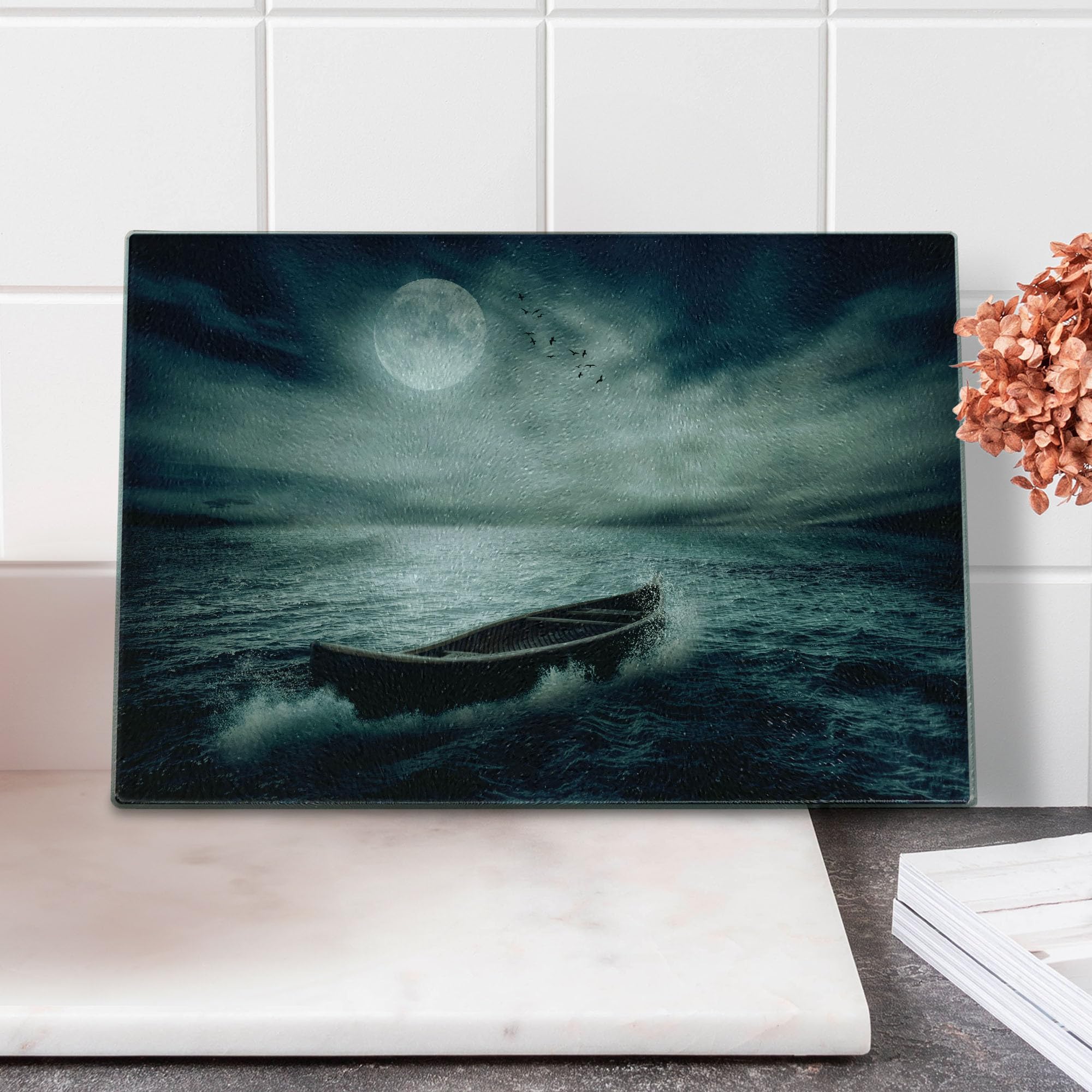 Ambesonne Fishing Themed Tempered Glass Cutting Board - Boat Drifting Under Full Moon Night Sky Design - Decorative Serving Board for Kitchen & Dining - Small Size Dark Blue & White - Perfect for Seafood Prep, Charcuterie & Home Decor