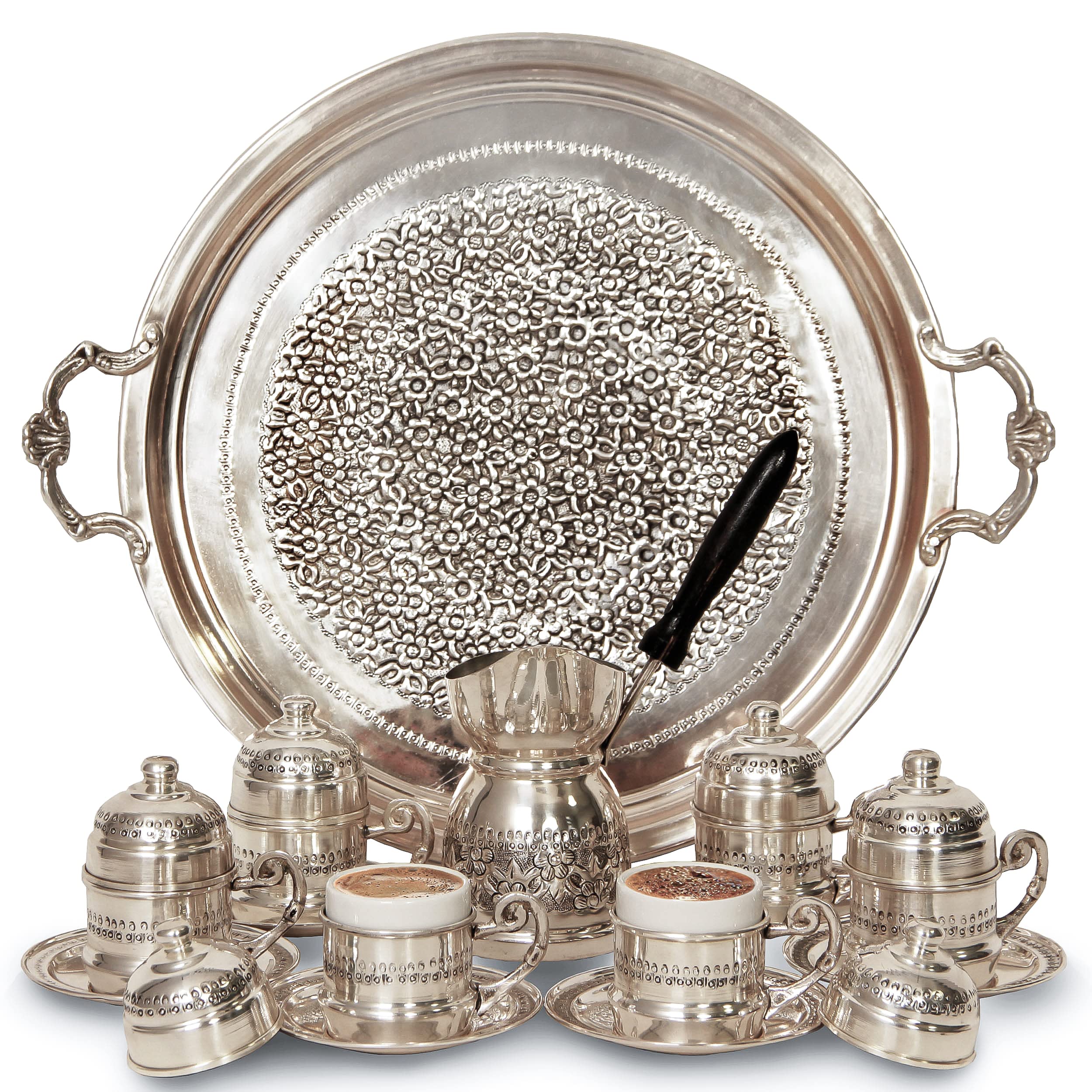 Premium Turkish Coffee & Espresso Set - 6-Piece Copper Cezve with Mehmet Efendi Coffee | Traditional Handcrafted Design (Silver on Copper) | Perfect for Home Brewing, Gifts & Turkish Coffee Ceremonies