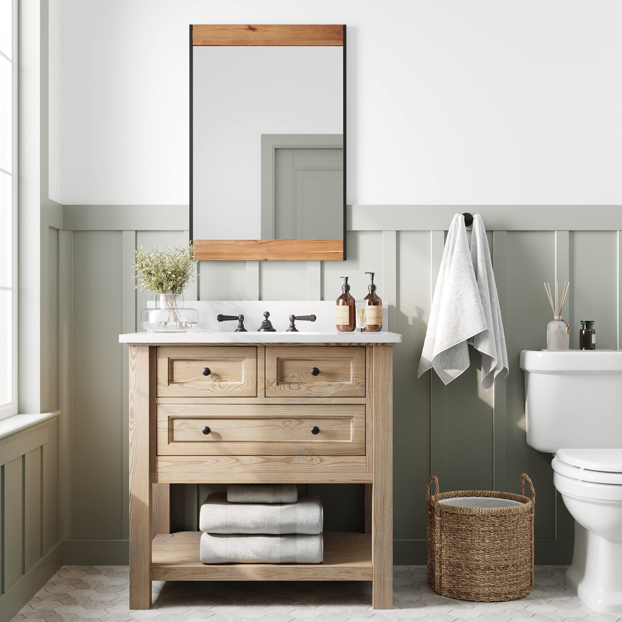 Barnyard Designs 24x36 Wooden Farmhouse Wall Mirror - Modern Rustic Metal and Wood Frame Mirror for Bathroom Vanity, Living Room, Bedroom & Entryway - Brown Distressed Finish - Perfect for Farmhouse, Industrial & Rustic Home Decor