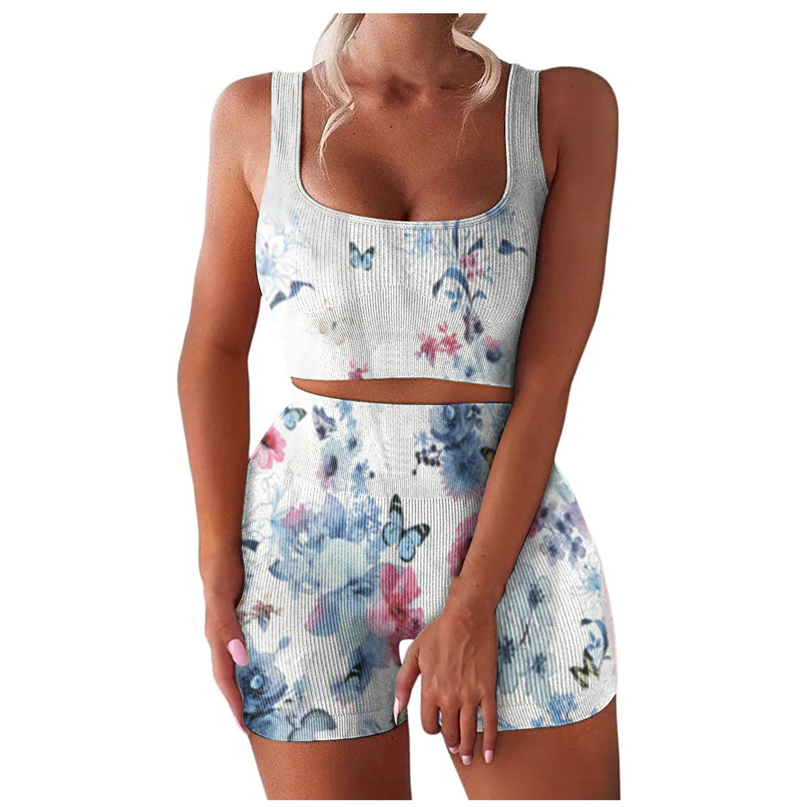Women's Printed Crop Camisole & Jogger Sweatsuit Set - Soft Casual Workout Outfit with Drawstring Waist for Gym, Running & Lounge Wear