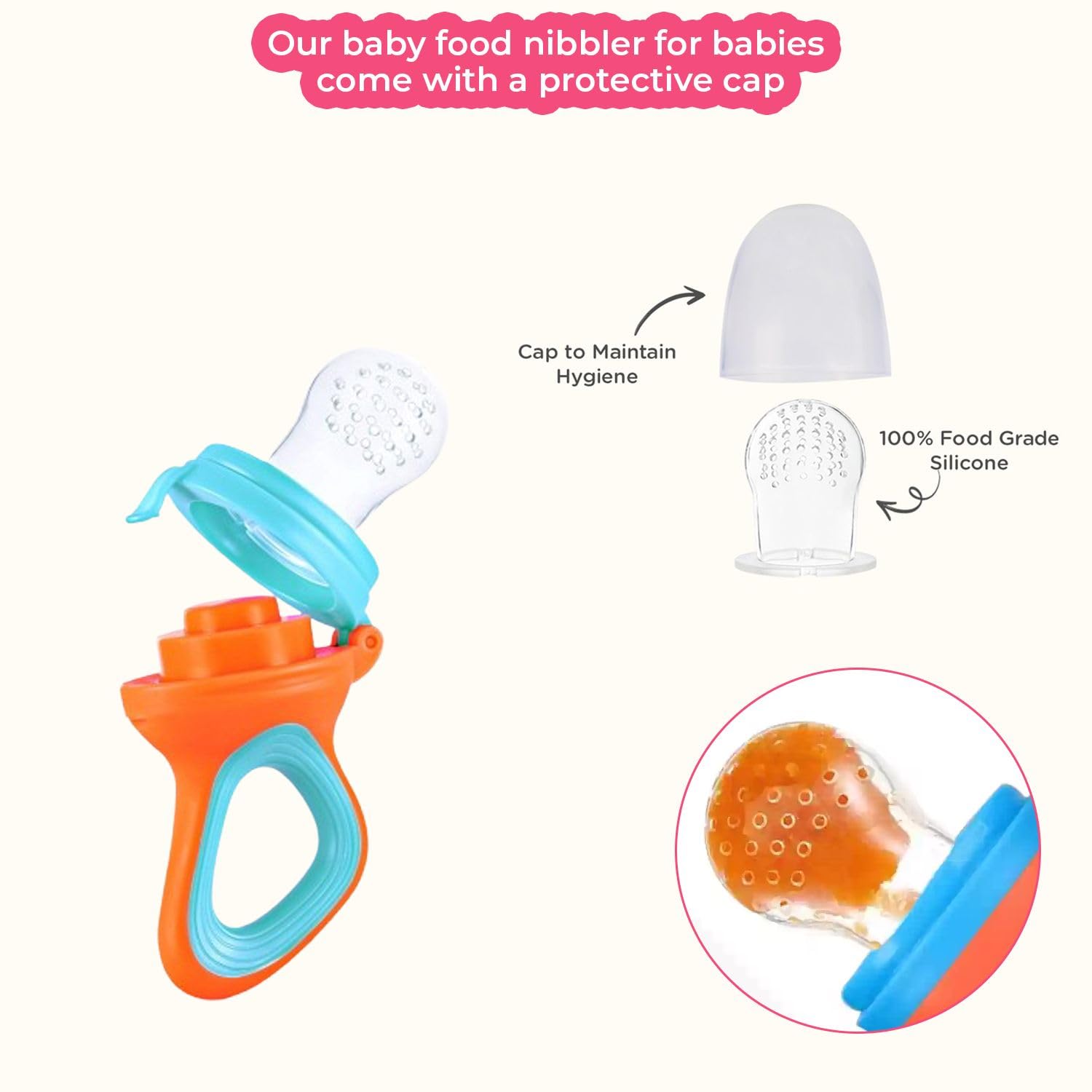 Safe-O-Kid® BPA-Free Baby Food Feeder - Non-Toxic Silicone Teether for Fresh Fruits, Vegetables & Snacks - Perfect for Babies & Toddlers Learning to Eat - Blue & Orange (Pack of 1) - Ideal for Home, Travel & Daycare Use