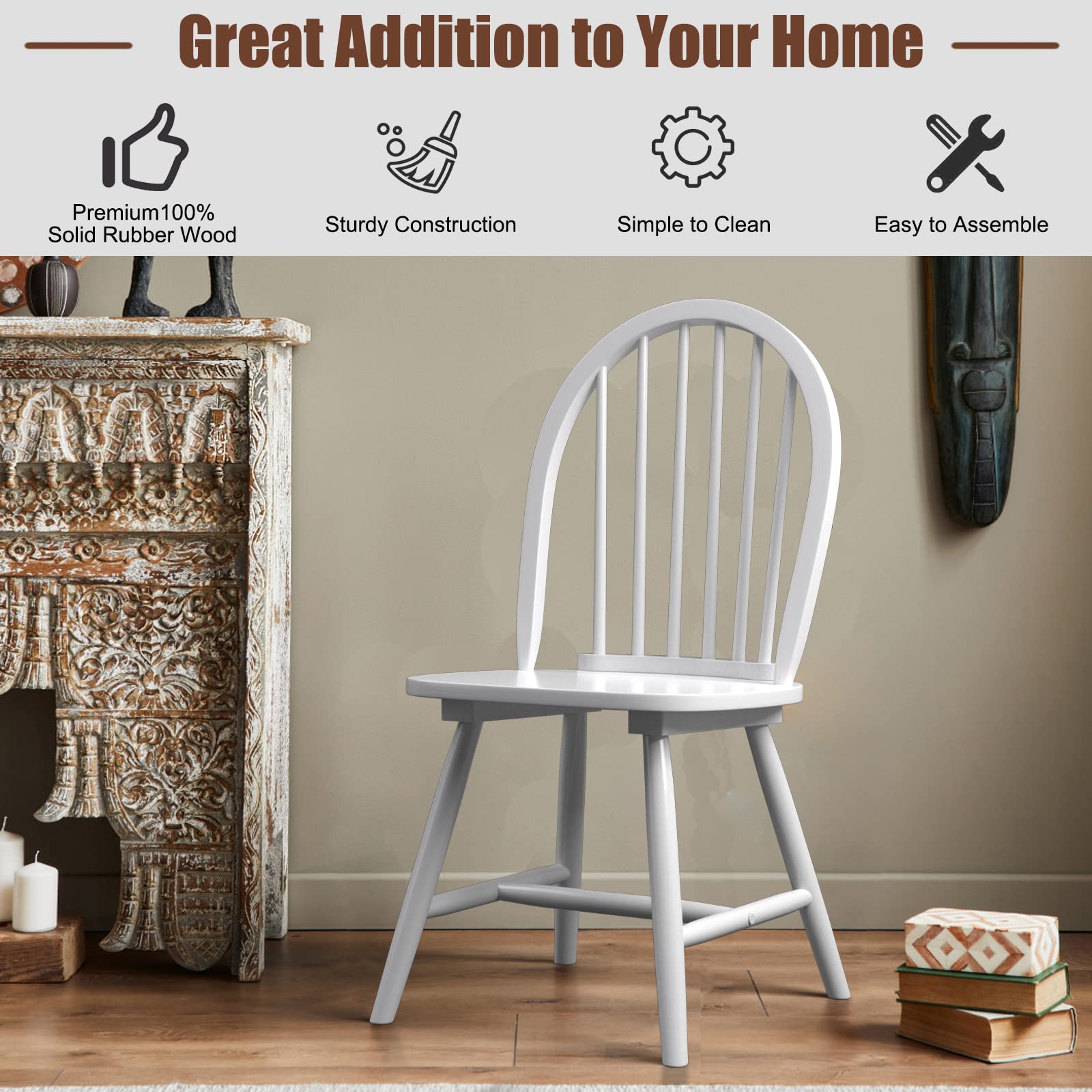 KOTEK Set of 4 Windsor Wood Dining Chairs - Spindle Back, Solid Wood Legs, Wide Seat Farmhouse Armless Side Chairs for Kitchen, Dining Room & Living Room - Perfect for Family Gatherings & Home Decor (White)