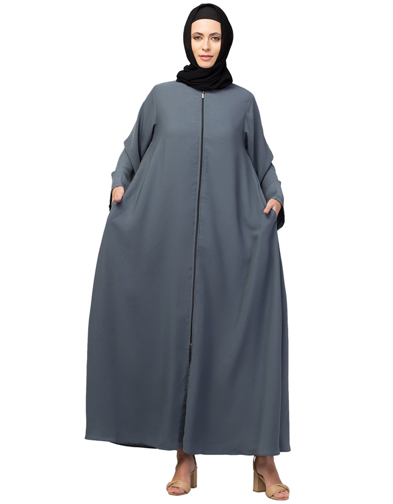 Arabic Basic Abaya with Zipper - Long Sleeve Grey Islamic Dress for Women | Modest Prayer Dress & Everyday Wear