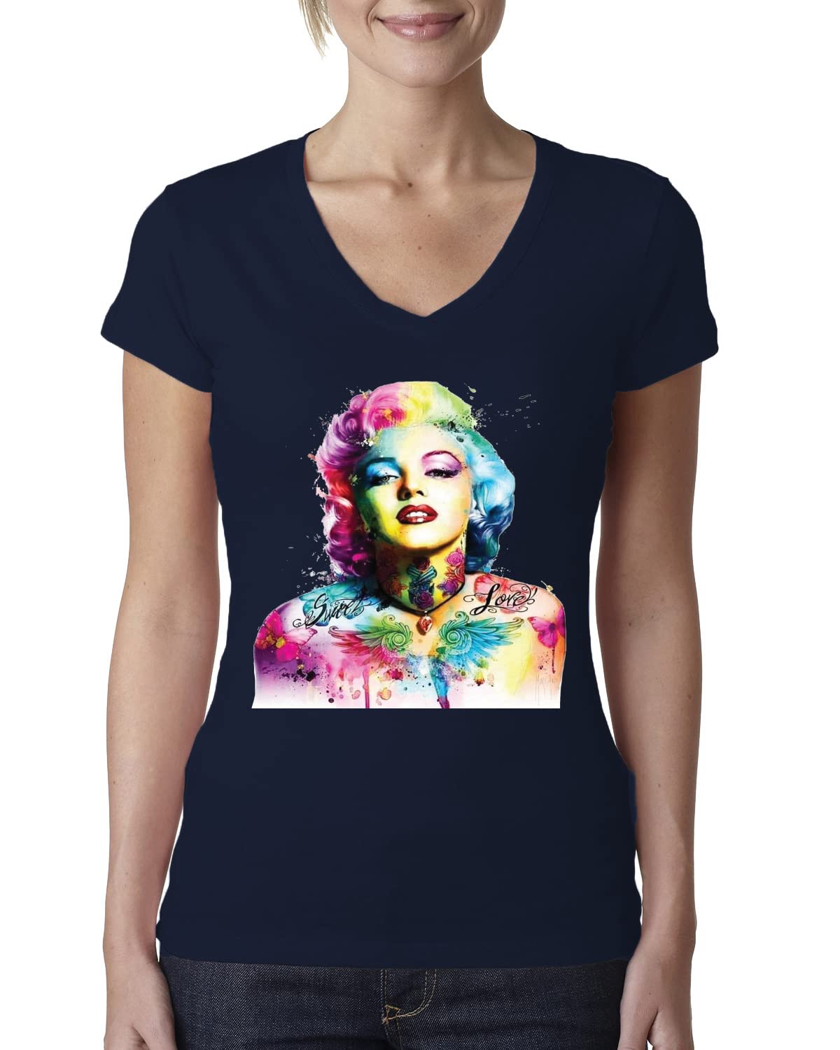 Vintage Marilyn Monroe Pop Art T-Shirt for Women - Colorful Retro Graphic Tee, Junior Fit V-Neck Top | Perfect for Casual Wear, Music Festivals & Pop Culture Enthusiasts