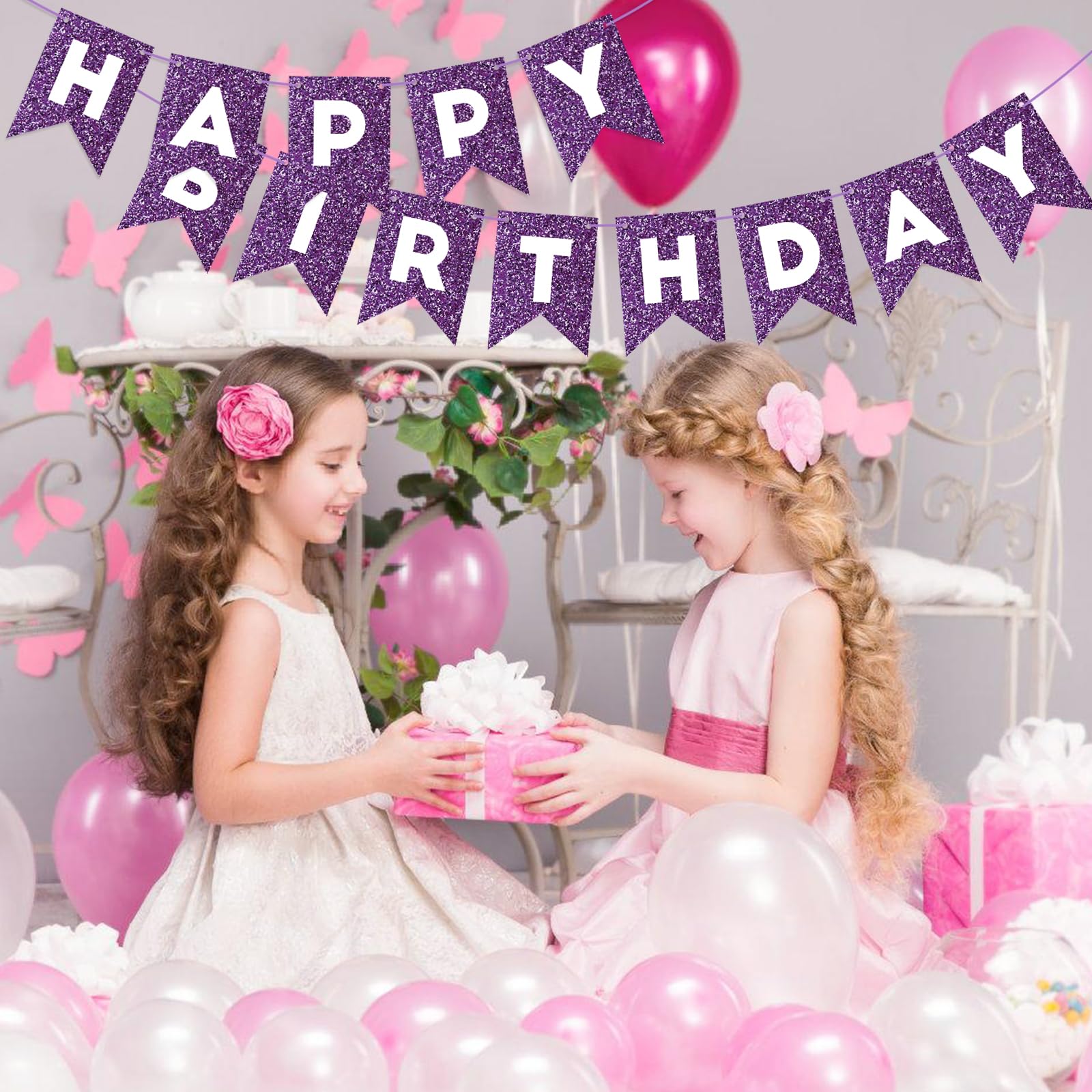 Purple Glitter Happy Birthday Banner - Sparkly Birthday Sign for Women & Girls, Backdrop Wall Door Garland Bunting - Perfect for Birthday Parties, Baby Showers & Celebrations - Party Decorations Supplies