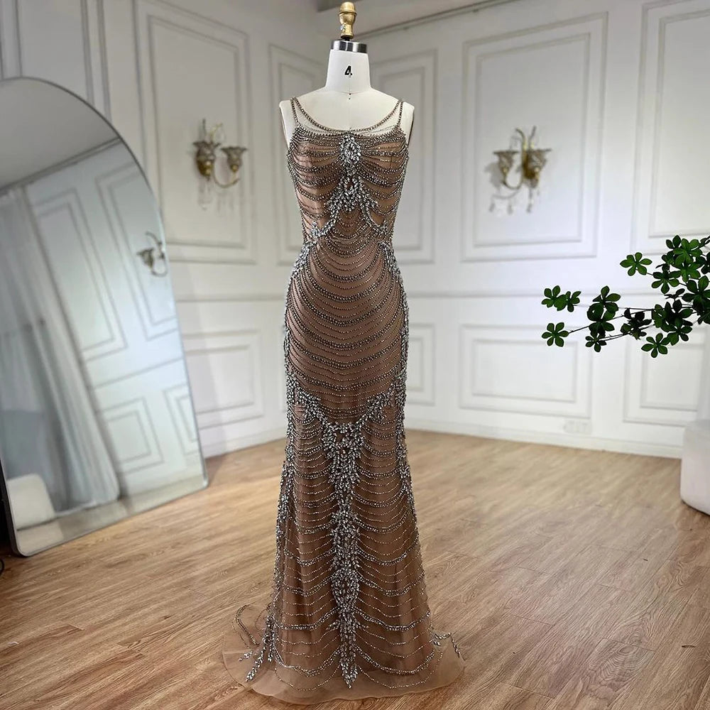 Luxury Crystal Tassel Evening Dress for Women - Dubai Caramel Wedding Prom Gown with Spaghetti Straps | Formal Party Dress LA72468 | Perfect for Weddings, Galas & Special Occasions