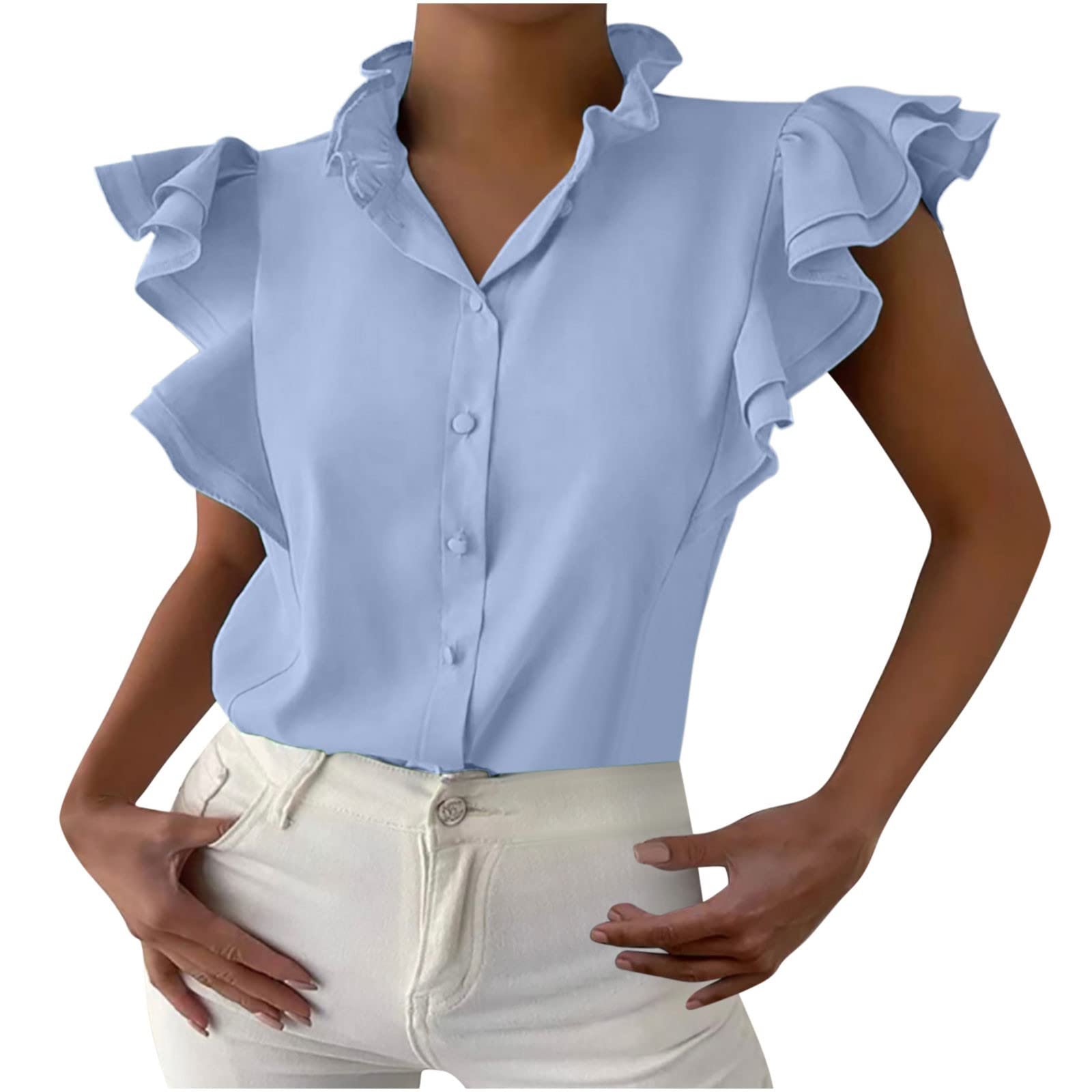 Trendy Women's Summer Tops - Casual Ruffle Sleeve Button Down Blouse with Stand Collar | Perfect for Beach Outings, Date Nights & Office Wear