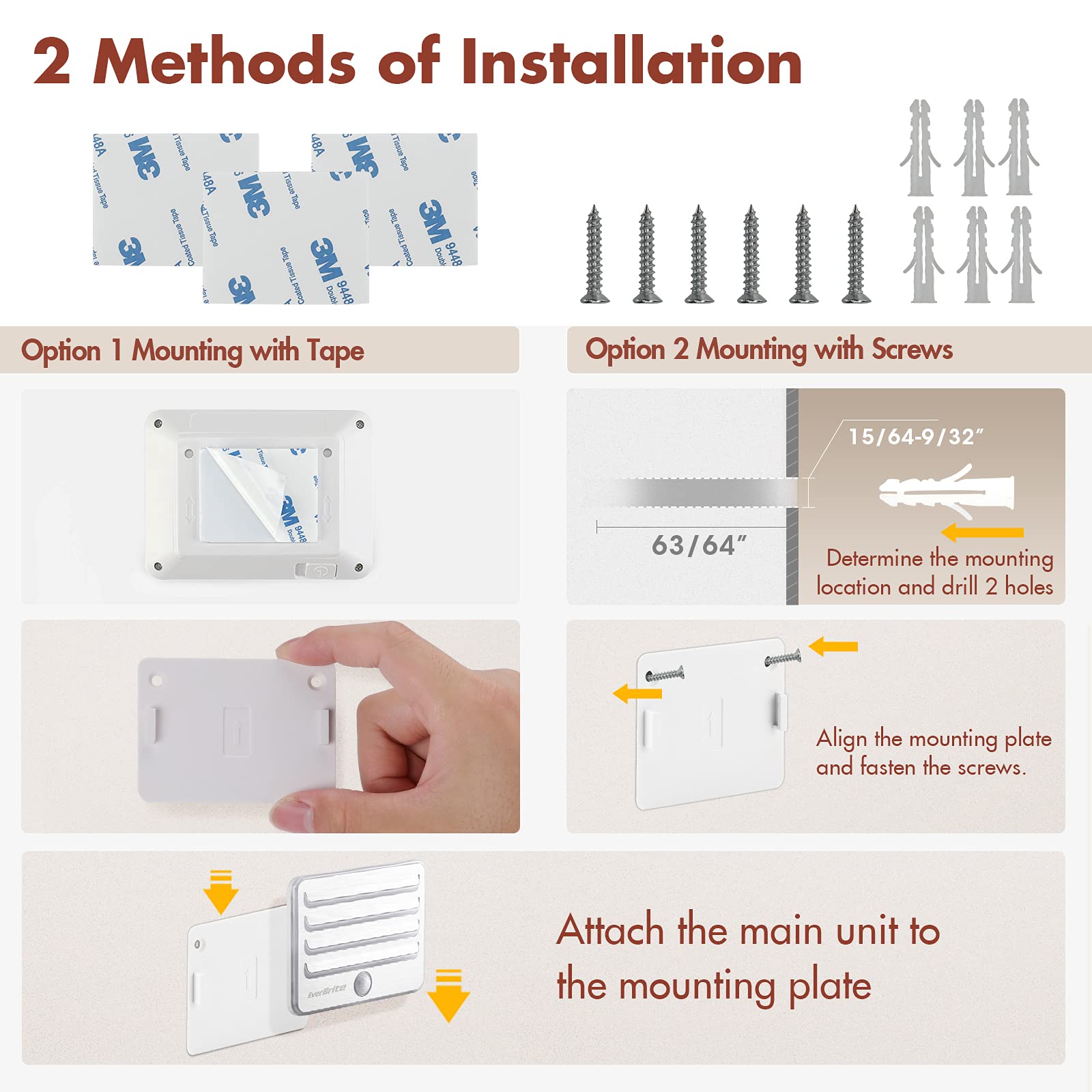 EverBrite Motion Sensor Night Light - Soft Warm LED Stair Lights for Indoor Use, Auto On/Off Stick-On Night Lights for Stairs, Closet, Bedroom, Bathroom (3 Pack with 9 AA Batteries Included) - Perfect for Safe Nighttime Navigation and Energy-Efficient Home Lighting