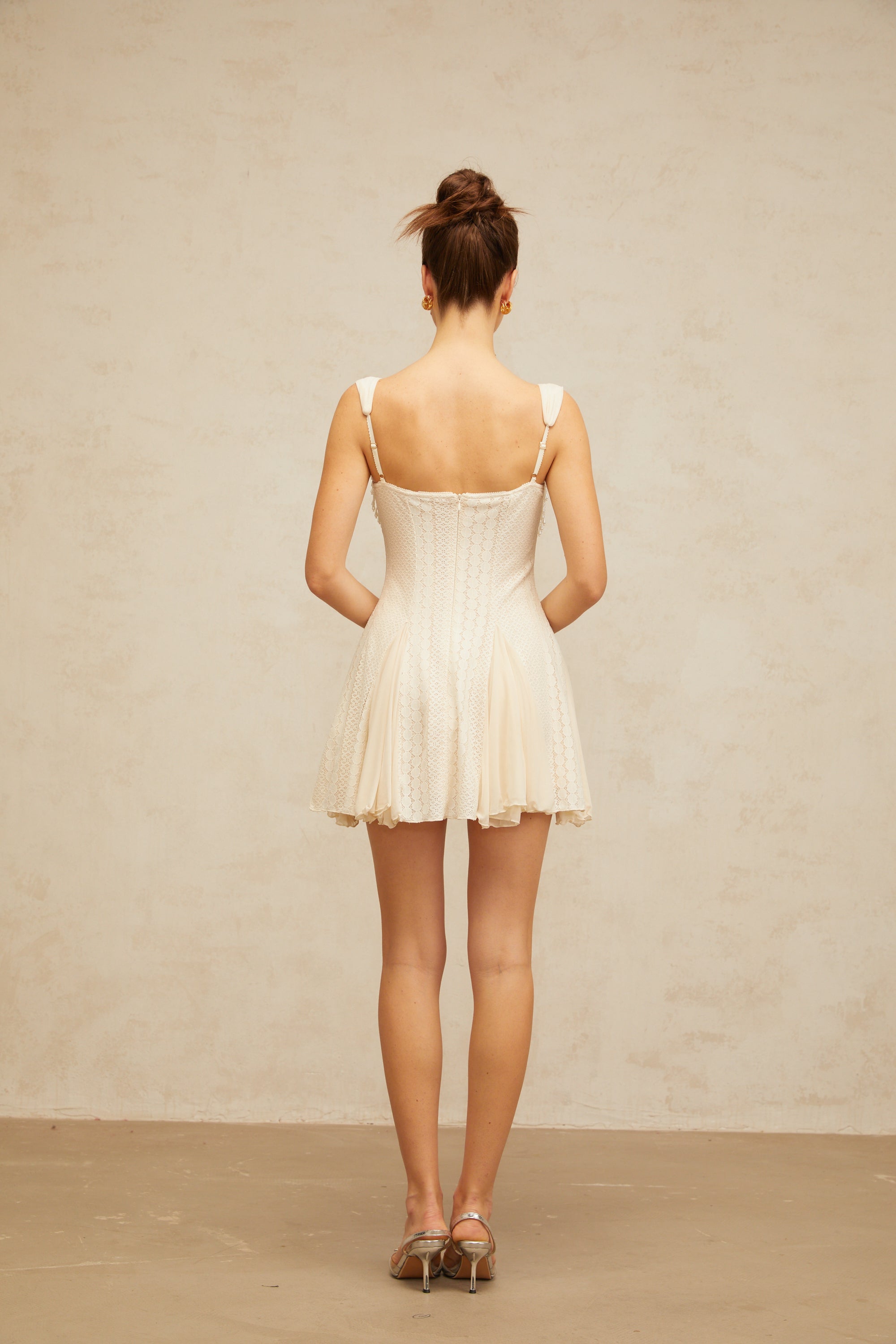 Atalanta Embellished Flared Mini Dress in Cream White - Perfect for Parties, Weddings & Special Occasions