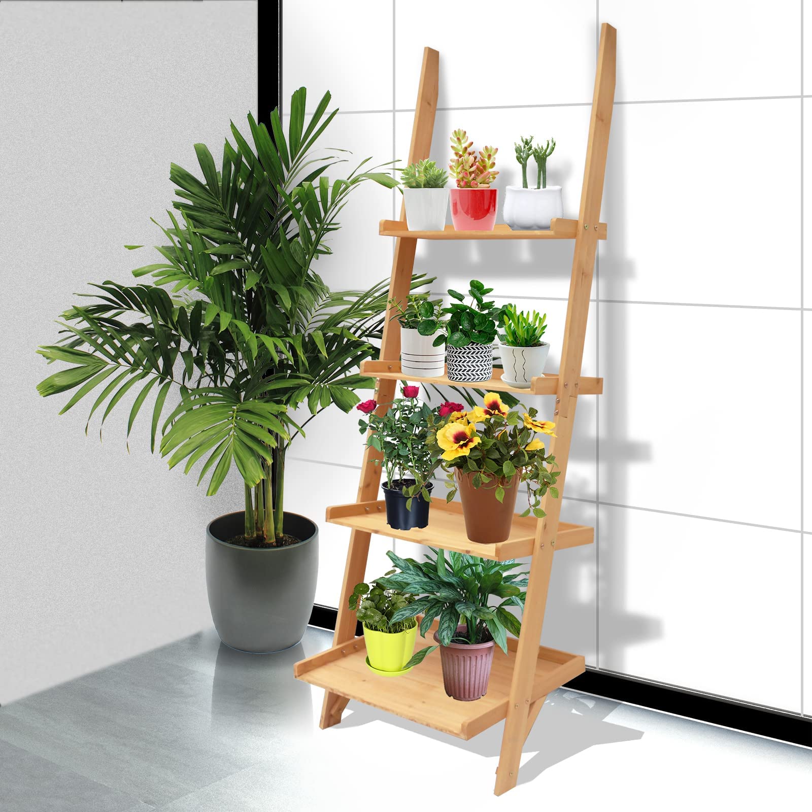 KAHOO 4-Tier Ladder Shelf - Wooden Bookcase, Planter Stand, Wall Storage Shelf for Living Room, Office, Balcony, Patio - Indoor & Outdoor Use - Perfect for Organizing Books, Plants, and Home Decor