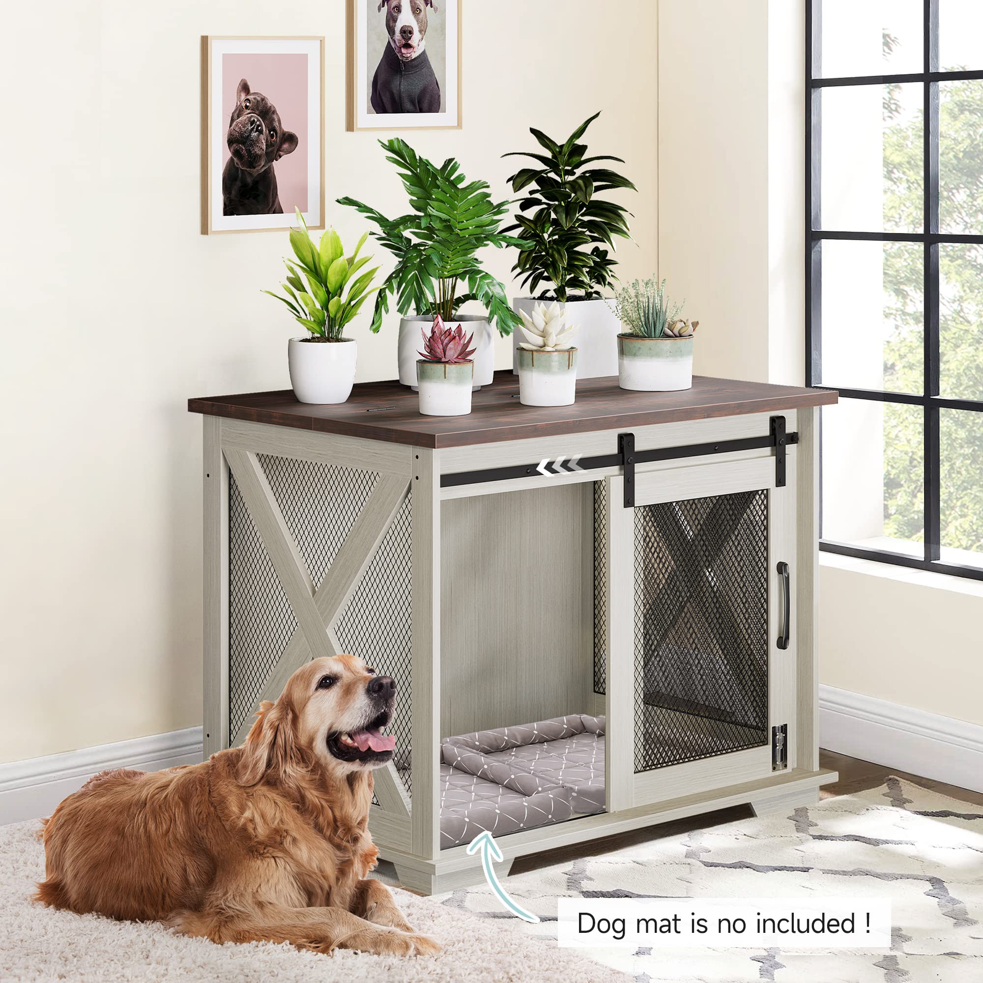 GARVEE 37 Inch Wooden Dog Crate Furniture - Flip Top End Table with Movable Divider, Large Pet Kennel Side Table in White | Perfect for Living Room, Bedroom & Home Decor