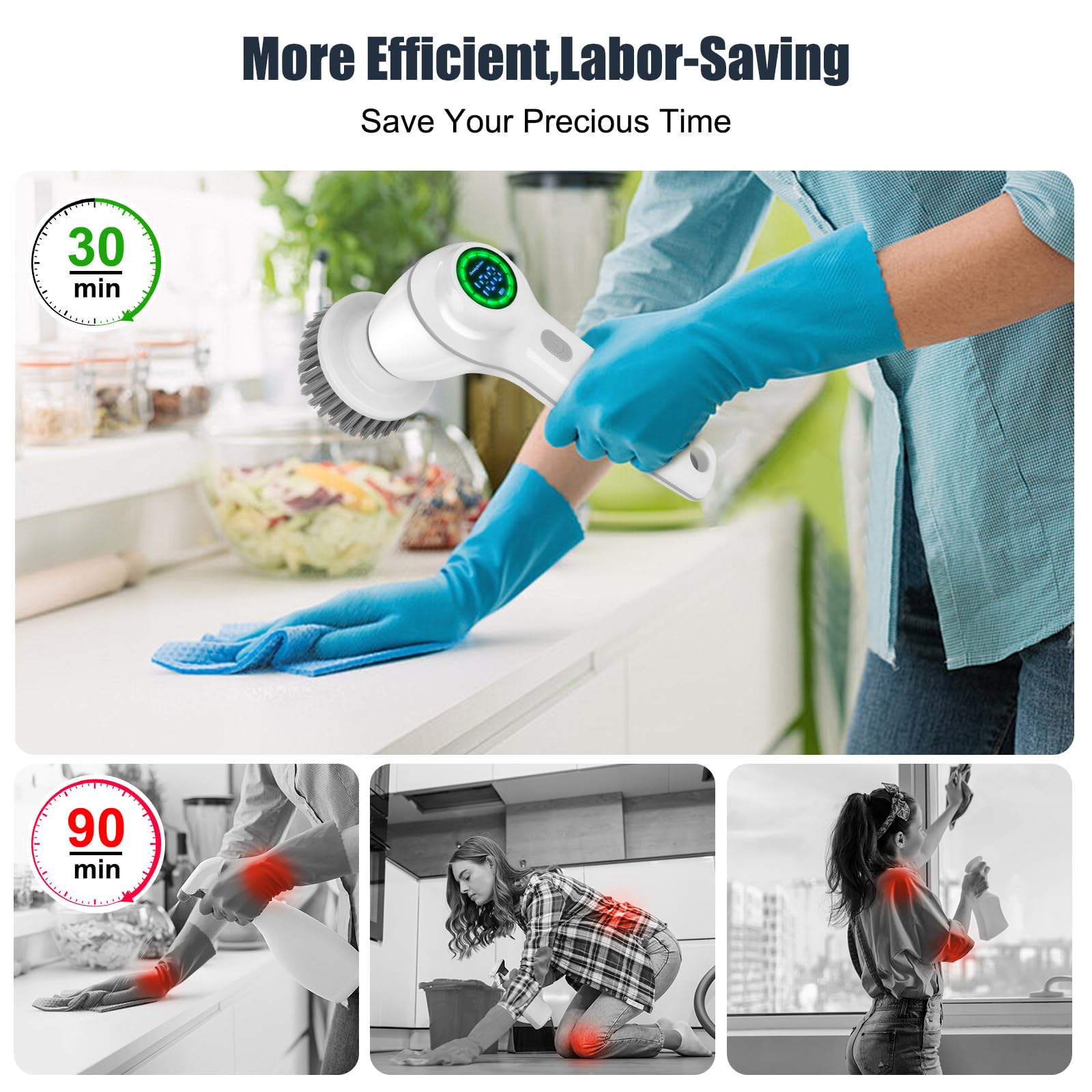Cordless Electric Spin Scrubber with 6 Replaceable Heads & Battery Display - Powerful Shower, Bathroom, Sink & Window Cleaning Brush - Ideal for Tile Grout, Bathtub, Glass & Hard-to-Reach Areas