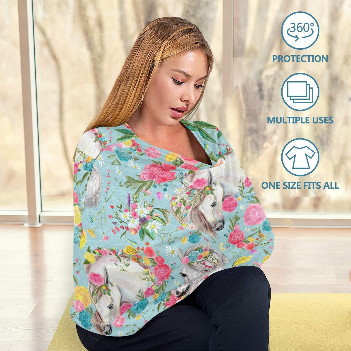Horse & Flower Baby Car Seat Cover - Soft, Breathable & Stretchy Nursing Cover for Breastfeeding - Universal Stroller Cover for Boys & Girls - Perfect for Travel, Shopping & Outdoor Activities