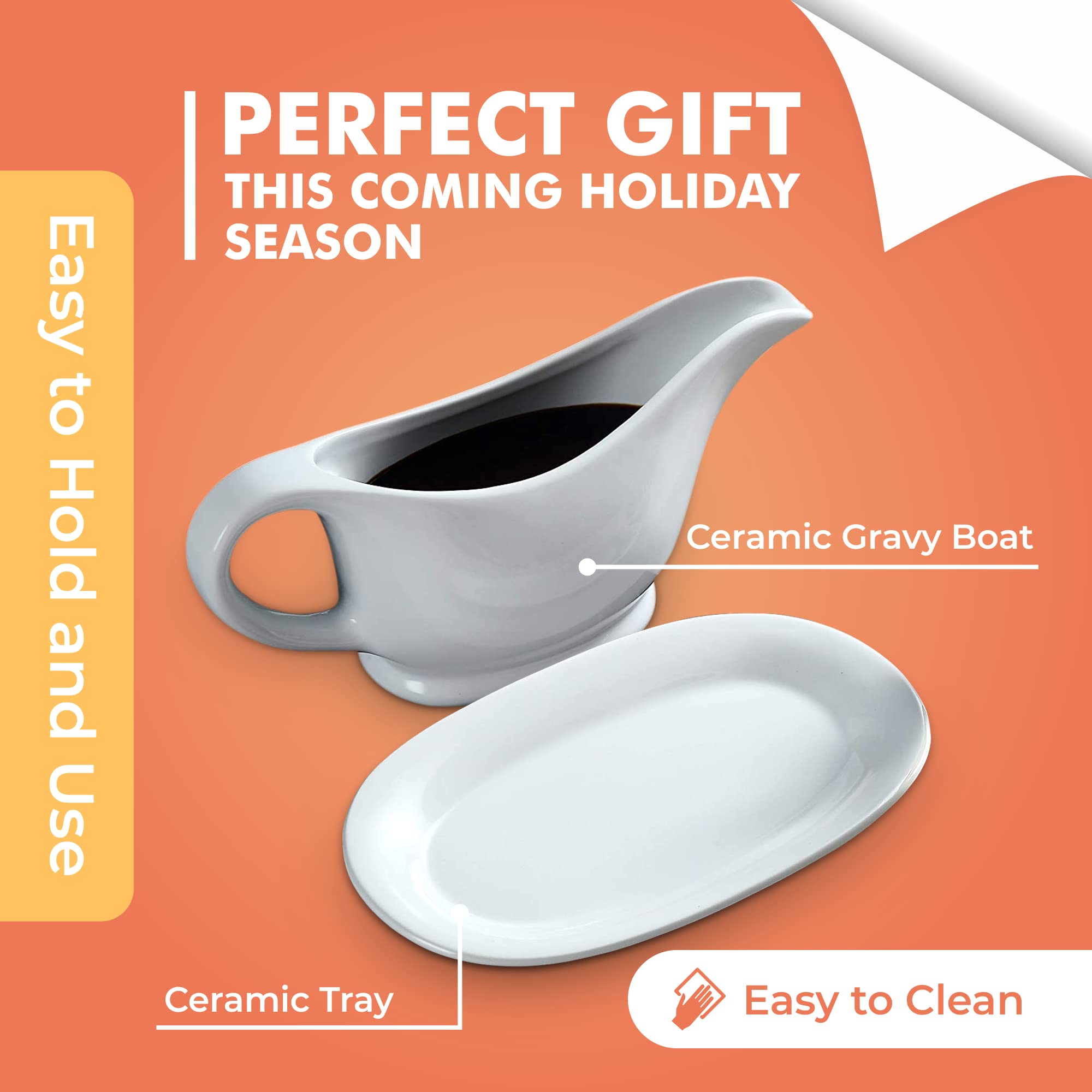 Bruntmor 11 Oz White Ceramic Gravy Boat with Serving Tray - Small Ceramic Sauce Dispenser for Dinner Parties, Holiday Meals & Fine Dining - Perfect for Gravy, Syrup & Dressings