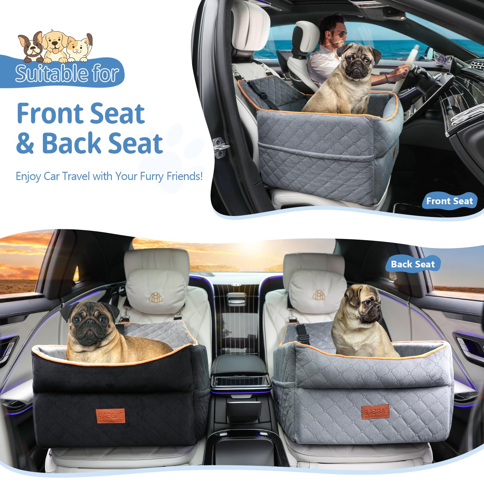 **Memory Foam Dog Booster Car Seat for Small & Medium Dogs (0-35 lbs) – Anti-Slip Pet Travel Bed with Adjustable Leashes & Storage Pockets – Perfect for Road Trips, Vet Visits & Daily Commutes**