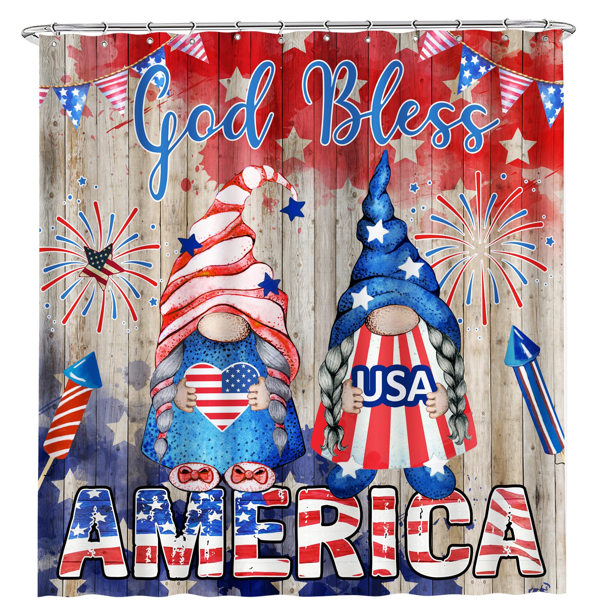 4th of July Shower Curtain - Patriotic American Flag Bathroom Decor with Stars & Stripes | Waterproof Independence Day Gnome Design with Hooks | 71x71 Inches for Home & Holiday Celebrations