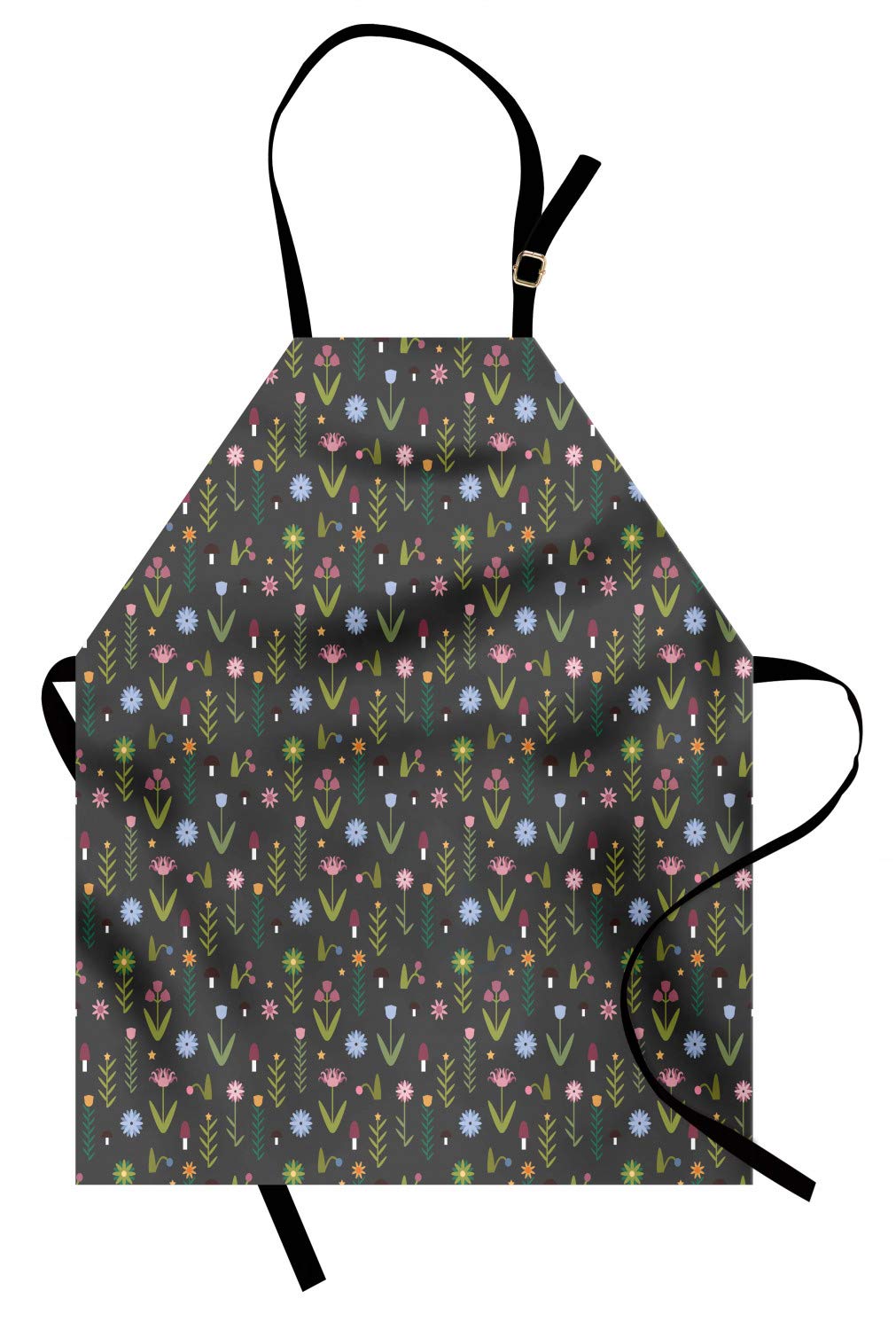 Ambesonne Floral Apron - Tulip Iris Daisy Rose Petals & Mushroom Pattern Unisex Adjustable Kitchen Apron for Cooking, Baking, Gardening - Olive Green & Rose Grey - Perfect for Home Chefs, BBQ Parties & Outdoor Activities