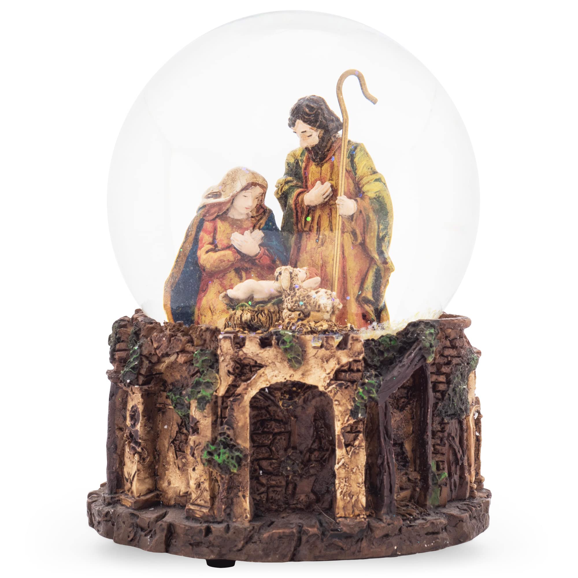 Elanze Designs Nativity Town MM Polyresin Christmas Snow Globe with Glitter Water - Silent Night Music, Whimsical Tabletop Decoration for Dresser, Nightstand, or Holiday Display