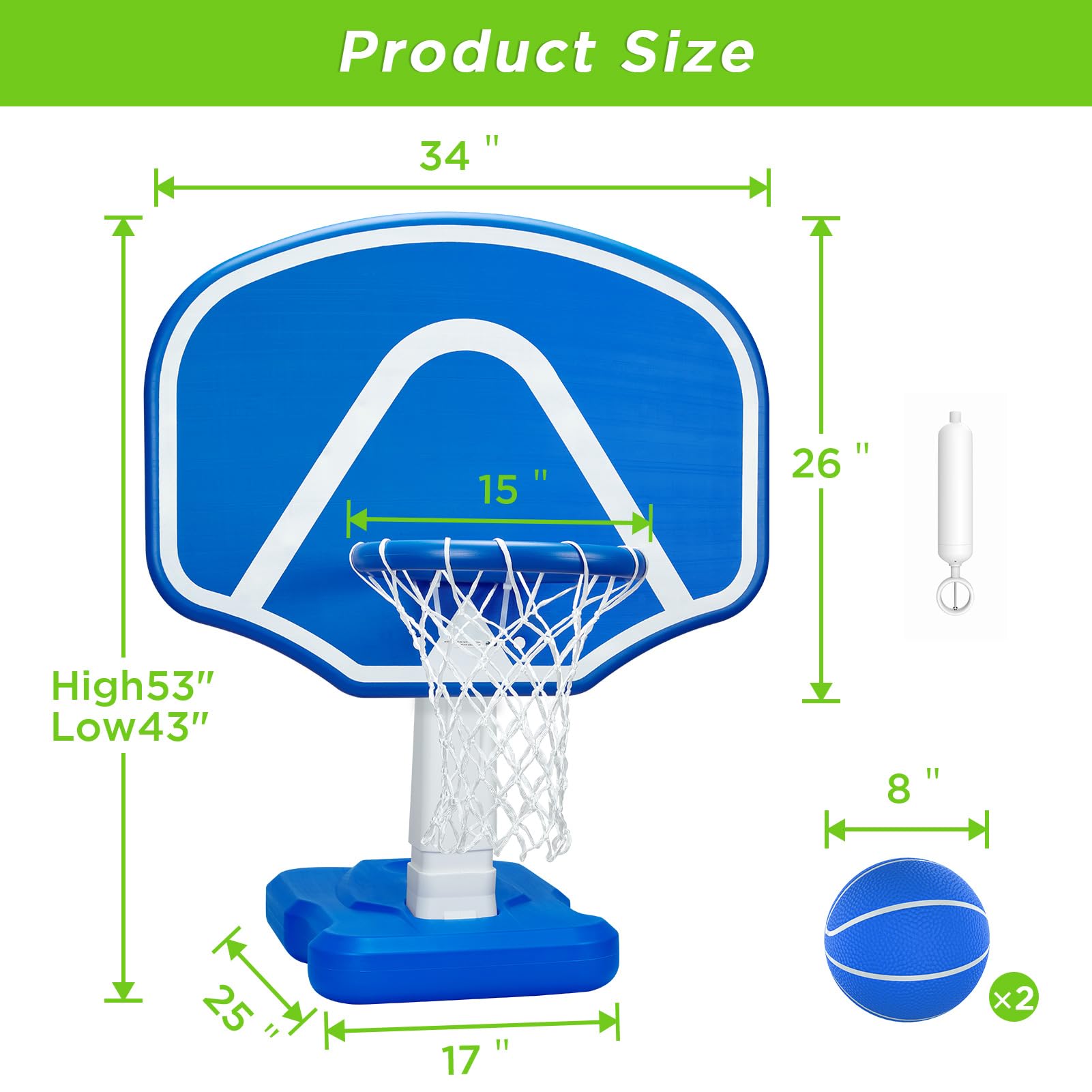Adjustable Height Pool Basketball Hoop Set with 2 Balls & Pump - Large Inflatable Water Basketball Hoop for Pool Games - Perfect for Backyard Pool Parties, Summer Fun & Family Outdoor Activities