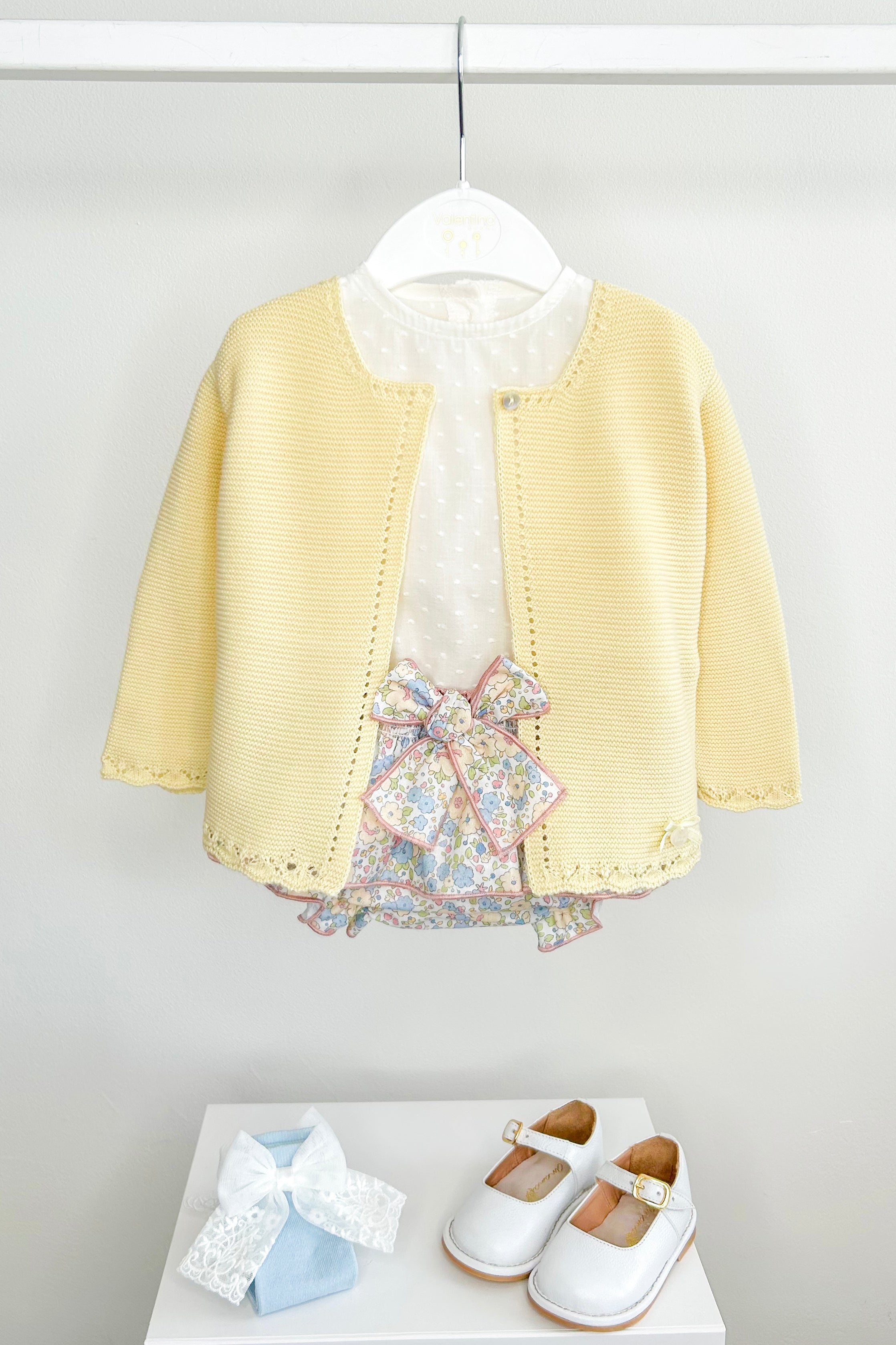 Erin Buttermilk Yellow Cardigan & Blue Floral Bloomer Skirt Set - Women's Vintage Inspired Outfit for Spring, Fall, and Special Occasions