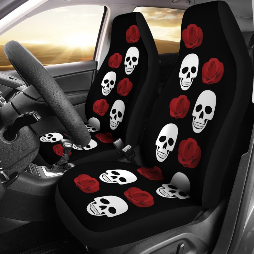 Black Skull and Rose Pattern Car Seat Covers - Universal Fit for Cars, Trucks & SUVs - Stylish Protection for Road Trips and Daily Commutes