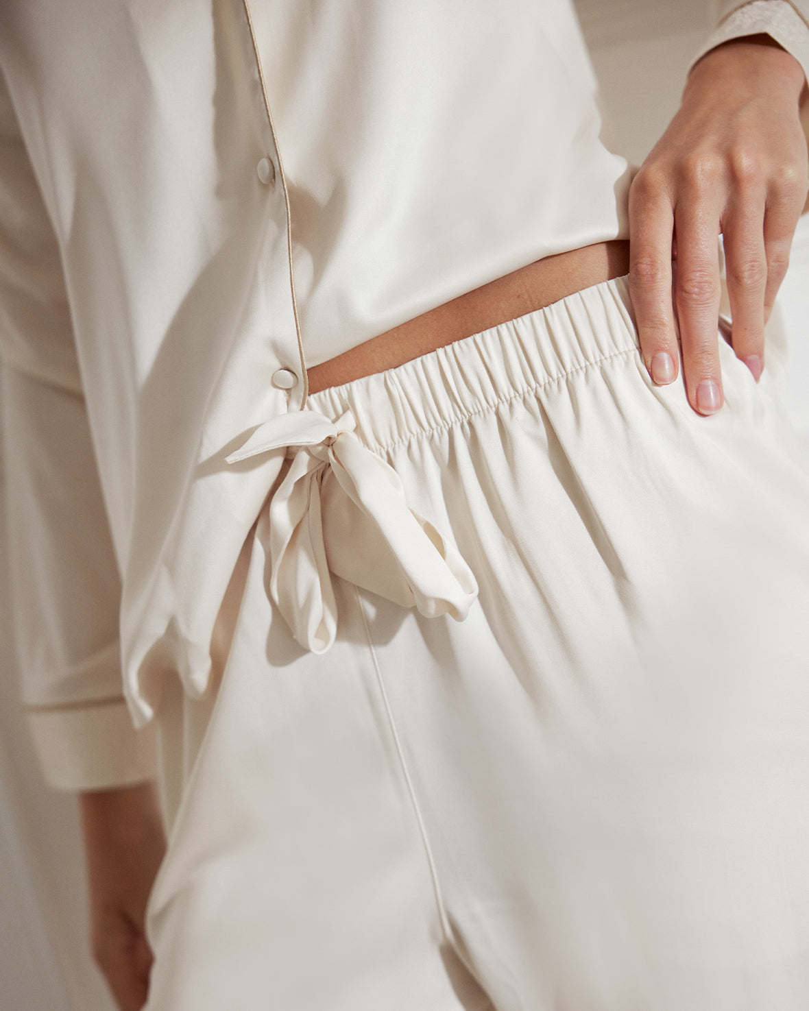 Luxury Satin Lace Trim Long Pajama Set for Women - Soft Ivory Sleepwear - Perfect for Valentine's Day, Anniversary Gifts & Romantic Nights
