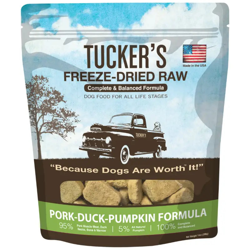 Tucker's Freeze Dried Raw Dog Food - Complete & Balanced Nutrition, Pork Duck Pumpkin Formula (14oz) | High Protein Meal for Adult Dogs, Puppies & Senior Pets | Perfect for Travel, Camping & Daily Feeding