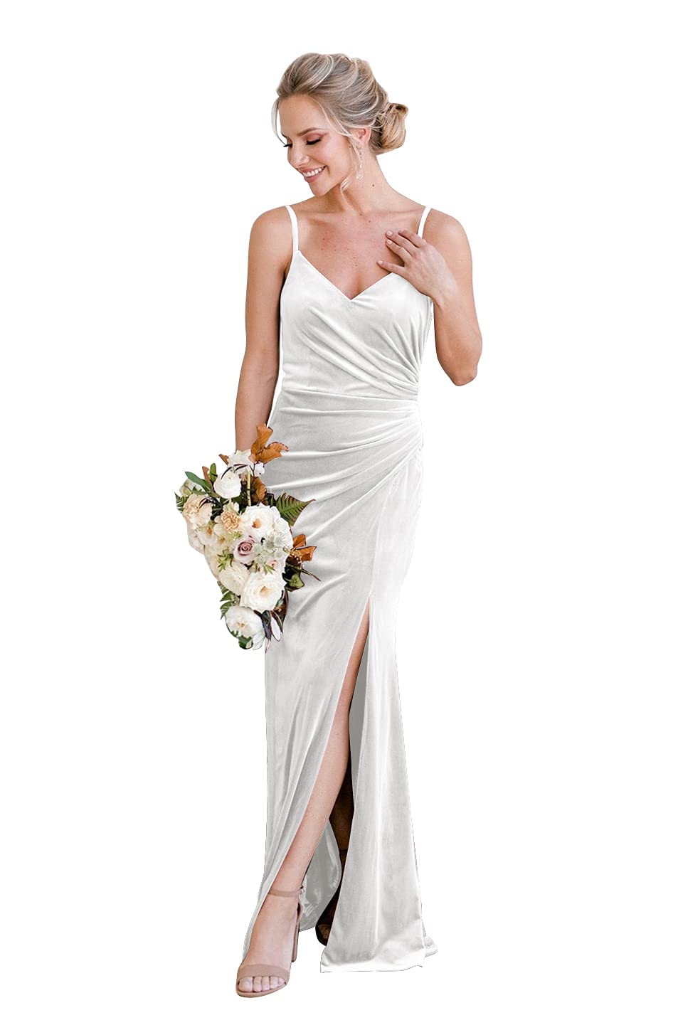 Elegant Velvet Bridesmaid Dresses Long Sleeve V-Neck Spaghetti Strap Mermaid Prom Gown with Slit - Perfect for Weddings, Evening Parties, and Formal Events