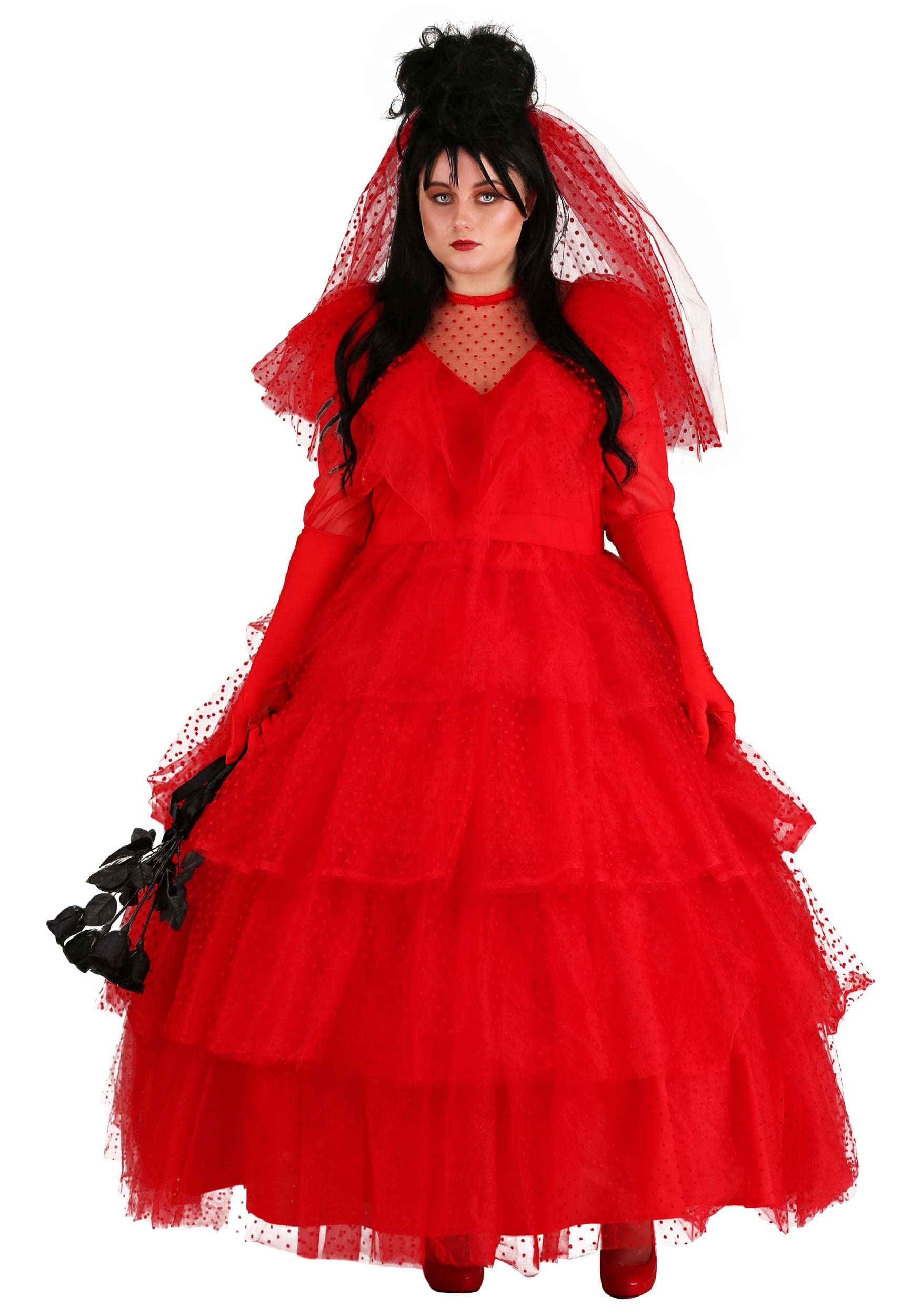 Women's Plus Size Lydia Halloween Costume - Gothic Red Wedding Dress with Veil & Gloves for Cosplay, Themed Parties, Halloween Events & Vampire-Themed Weddings | Perfect for Gothic Lovers & Costume Enthusiasts
