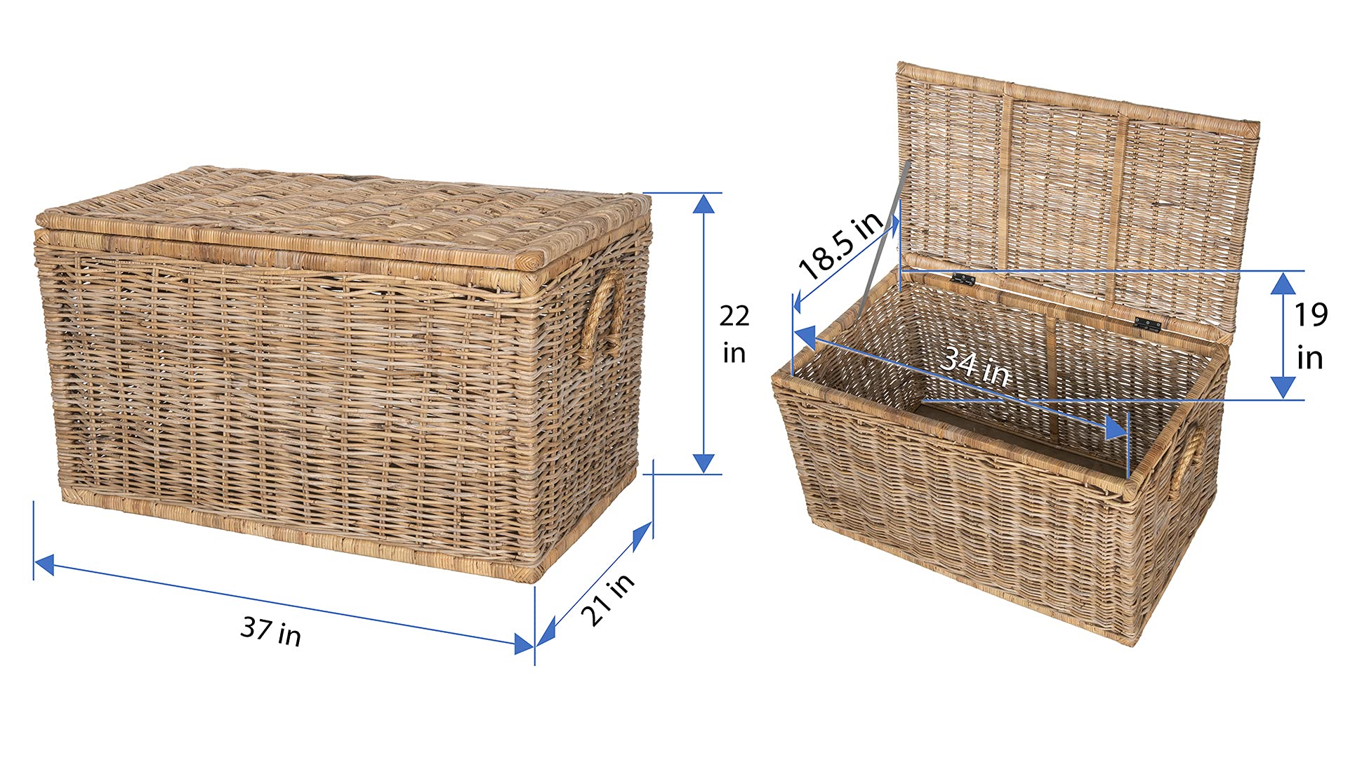 Kouboo Large Rattan Storage Trunk with Lid - Woven Decorative Basket for Blankets, Toys & Home Organization - Perfect for Living Room, Bedroom & Nursery Storage