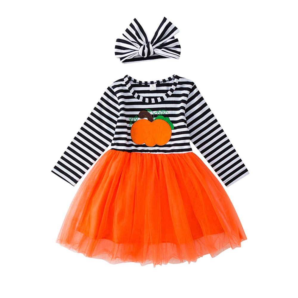 Pumpkin Print Tutu Dress for Toddler Girls - Long Sleeve Striped Skirt Outfit with Headband | Fall Photoshoot, Halloween Costume, Birthday Party Outfit